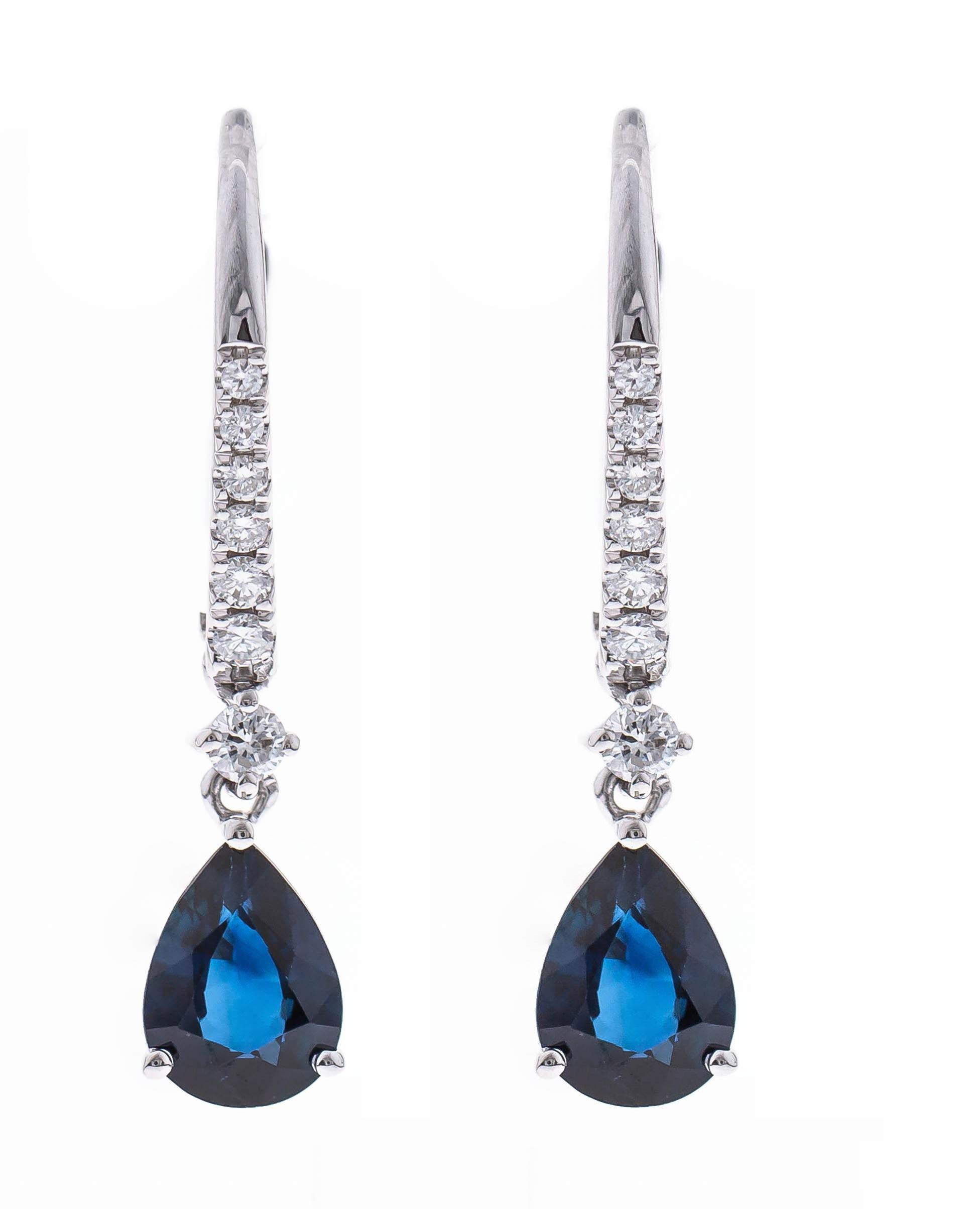 Pear Cut 1.49 carat Pear-cut Blue Sapphire With Diamond accents 14K White Gold Earring. For Sale