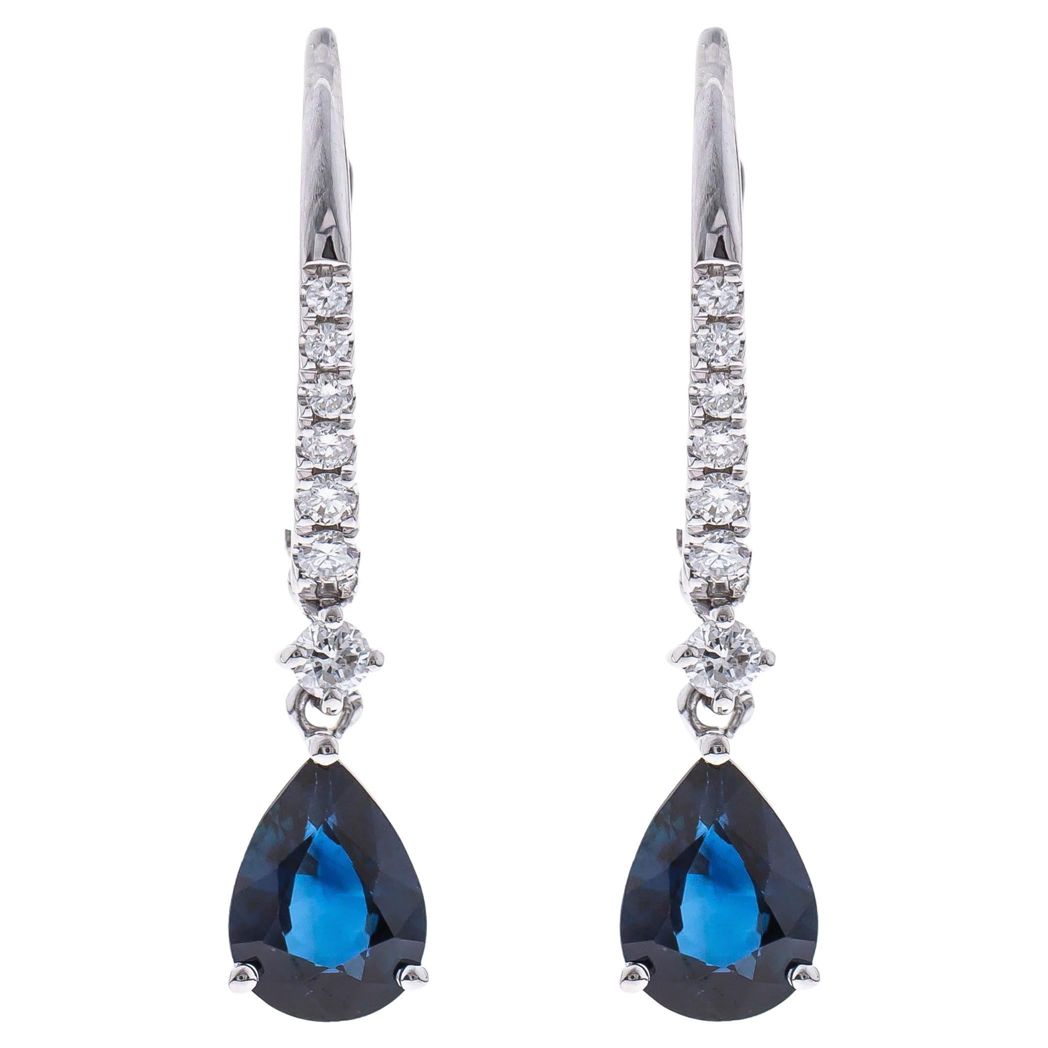 1.49 carat Pear-cut Blue Sapphire With Diamond accents 14K White Gold Earring.