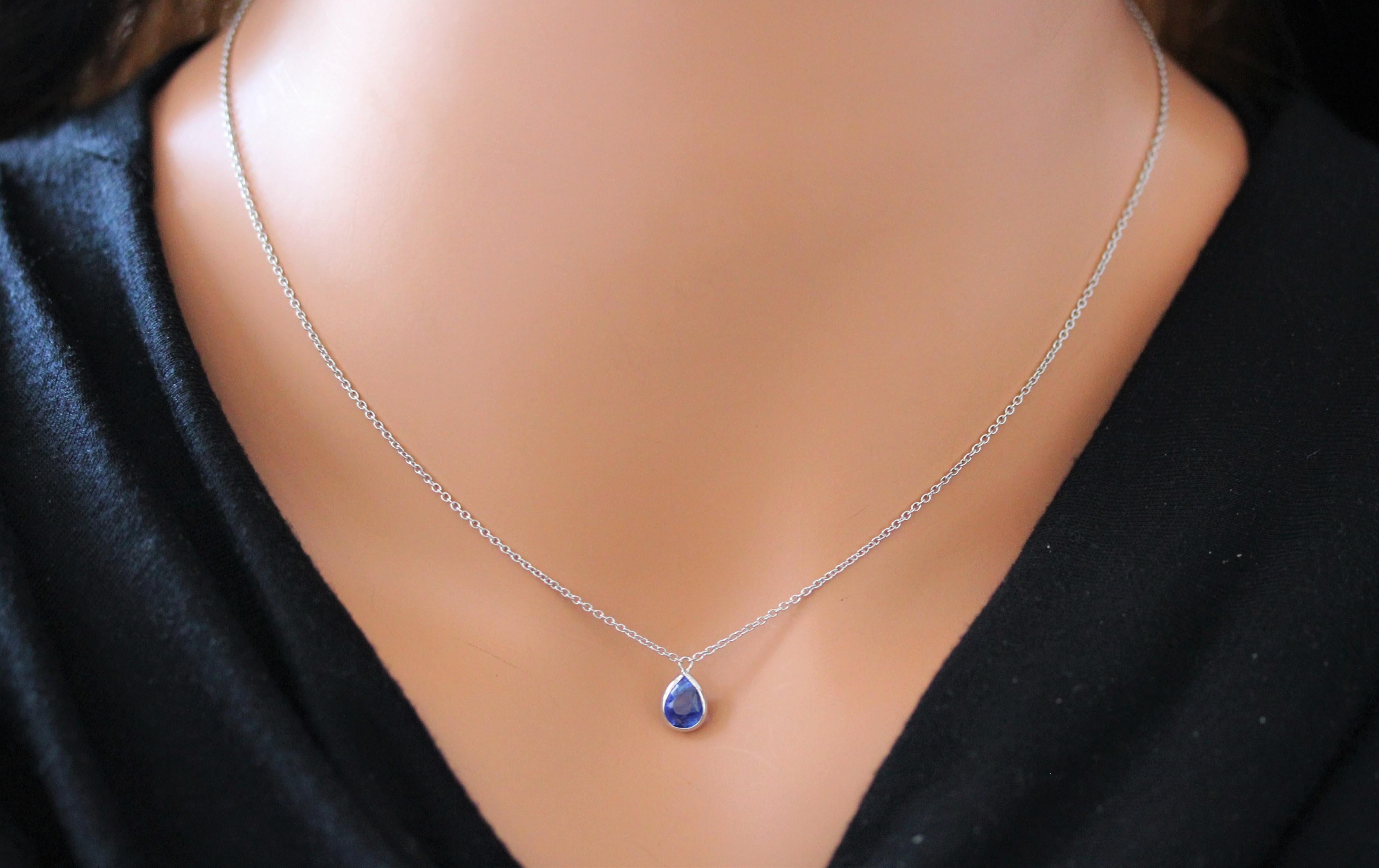 Contemporary 1.49 Carat Pear Sapphire Blue Fashion Necklaces In 14k White Gold For Sale