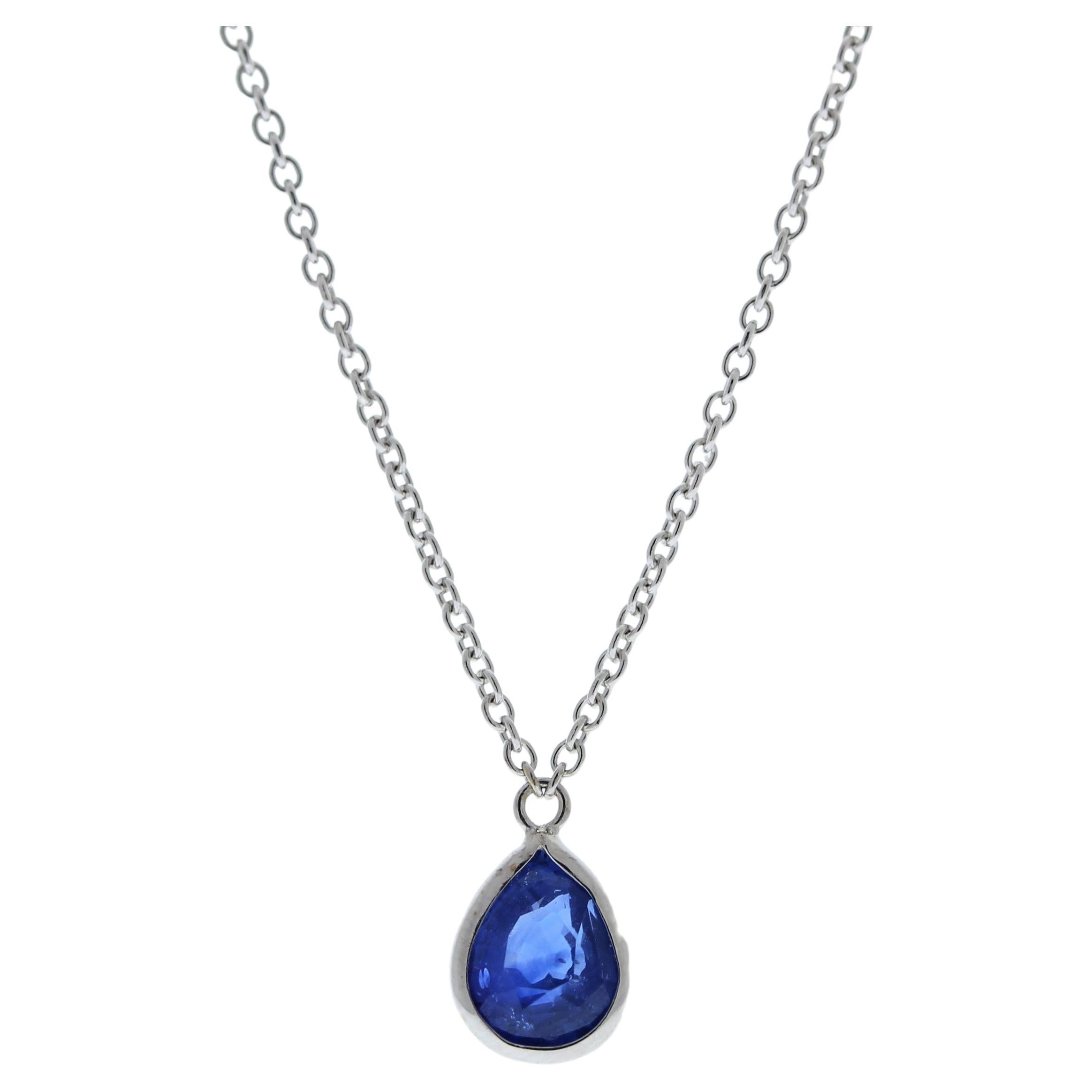 1.49 Carat Pear Sapphire Blue Fashion Necklaces In 14k White Gold For Sale