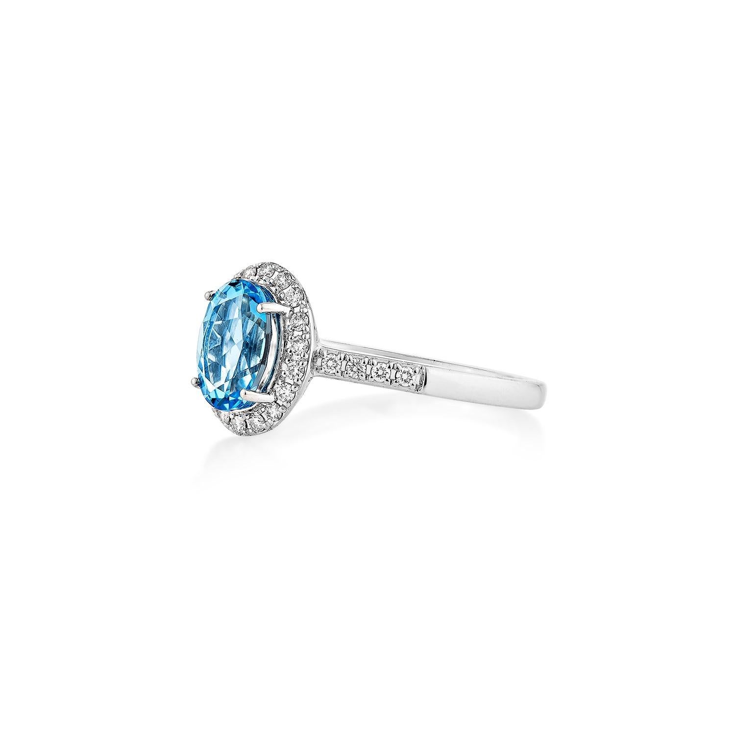 Oval Cut 1.49 Carat Swiss Blue Topaz Fancy Ring in 14Karat White Gold with White Diamond. For Sale