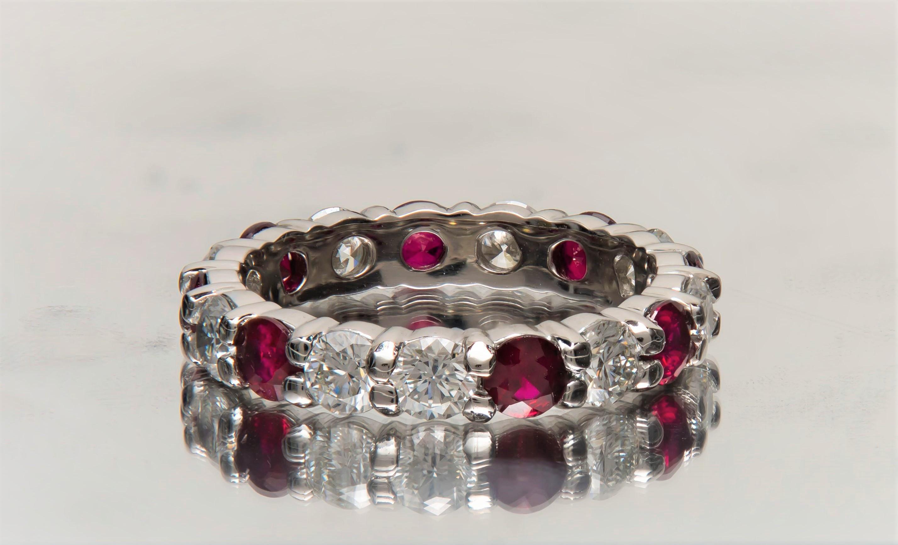 1.49 Carat Total Ruby with 1.53 Carat Total Diamonds, Platinum Eternity Band In New Condition In Houston, TX