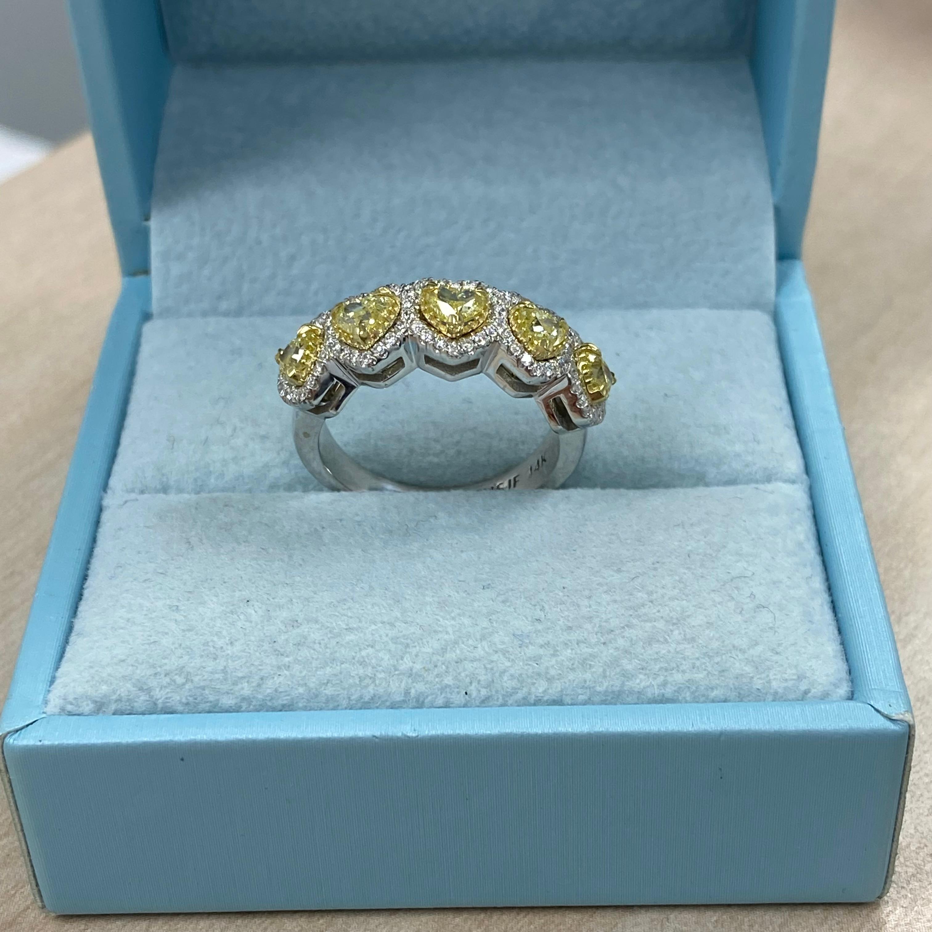 1.49 Karat herzförmiger gelber Diamant-Halo-Ehering 14K Weißgold im Angebot 5