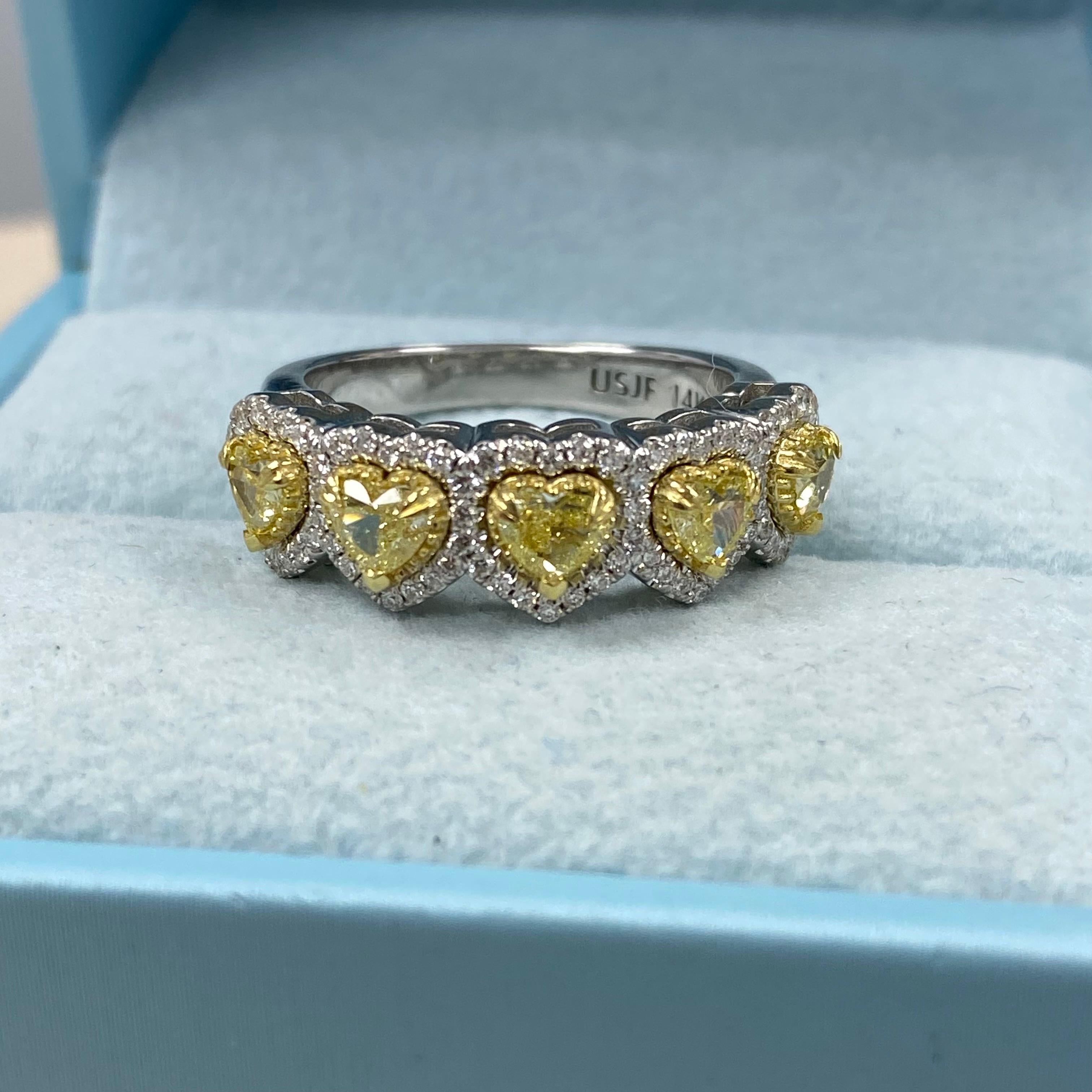 1.49 Karat herzförmiger gelber Diamant-Halo-Ehering 14K Weißgold Damen im Angebot