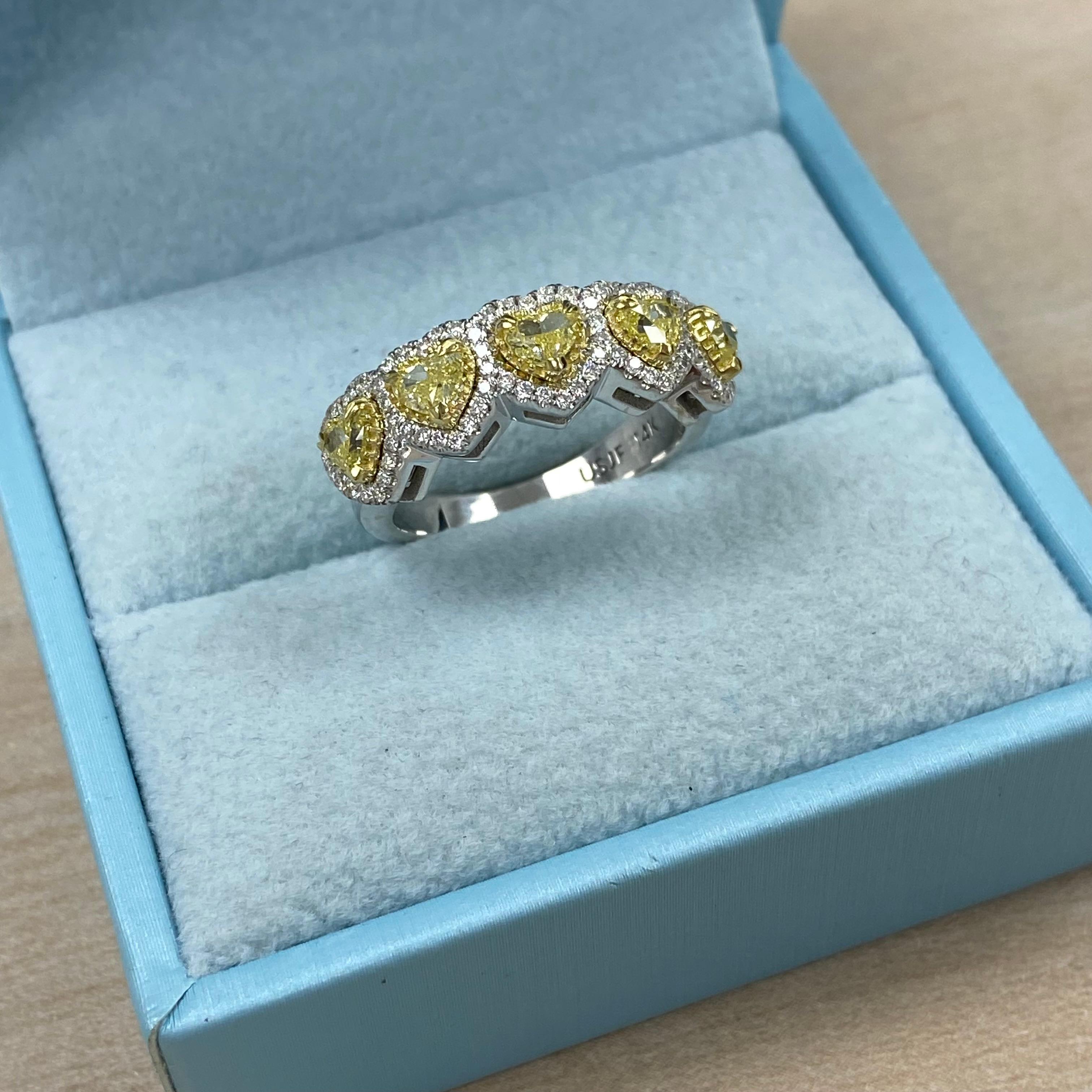 1.49 Karat herzförmiger gelber Diamant-Halo-Ehering 14K Weißgold im Angebot 2