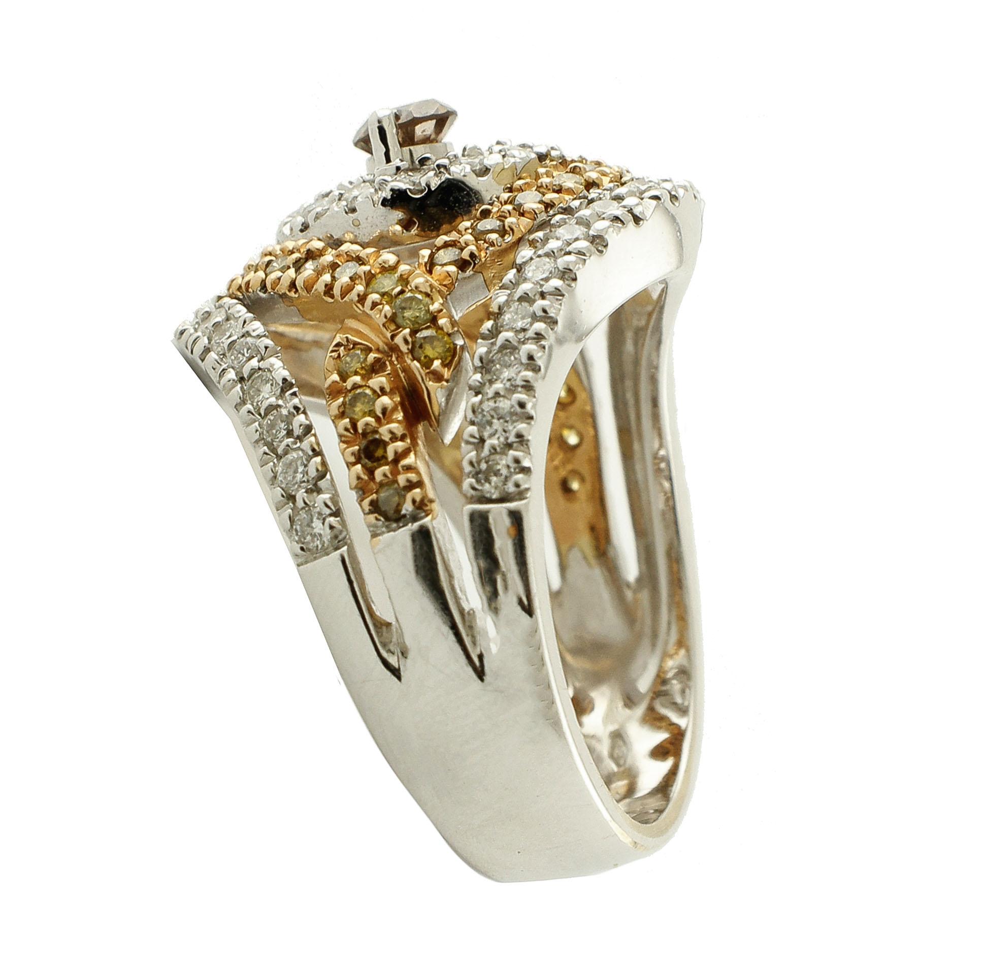 Modern 1.49 Carat White and Brown Fancy Diamonds 18 Karat White and Rose Gold Band Ring For Sale