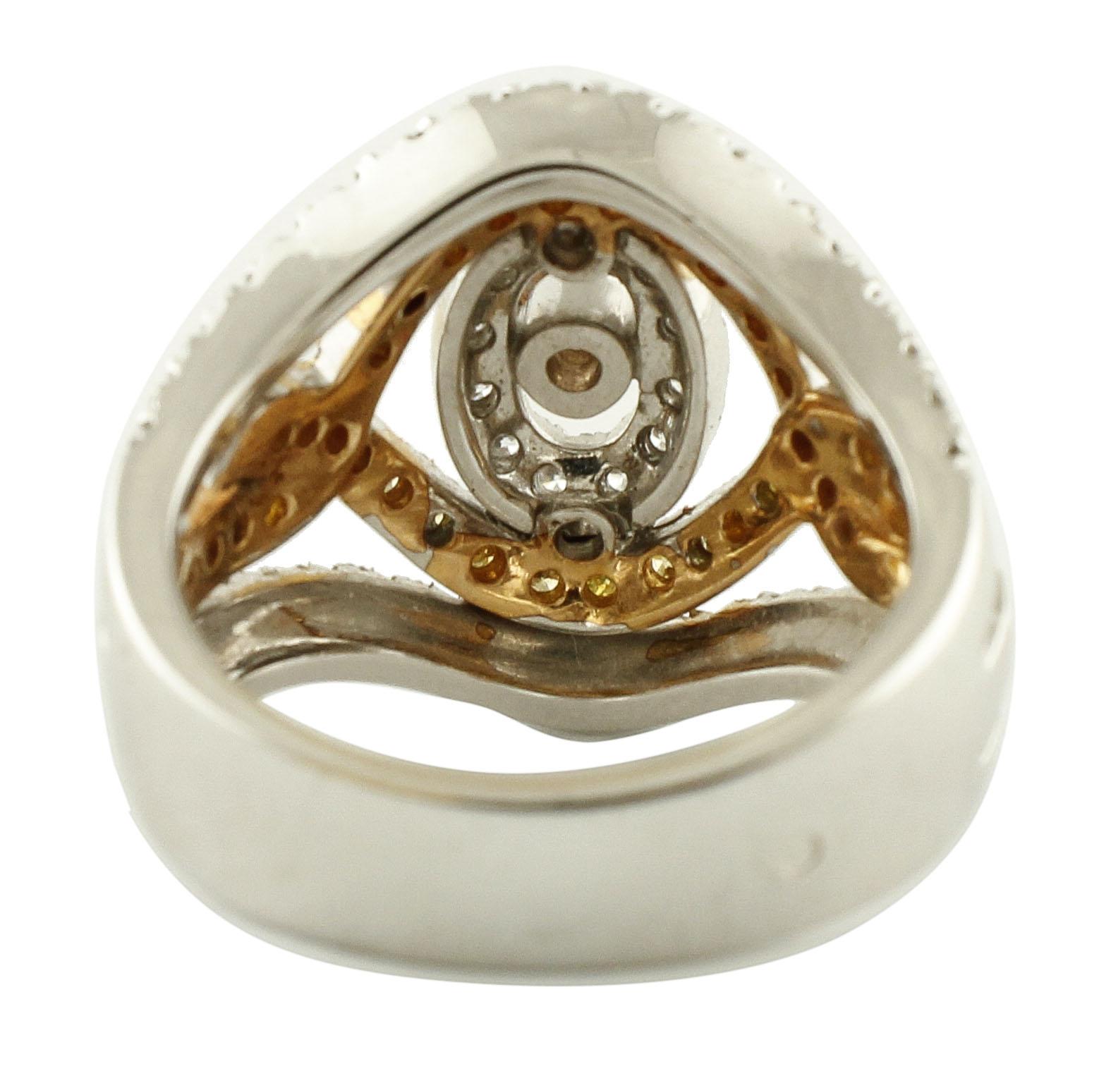 Mixed Cut 1.49 Carat White and Brown Fancy Diamonds 18 Karat White and Rose Gold Band Ring For Sale