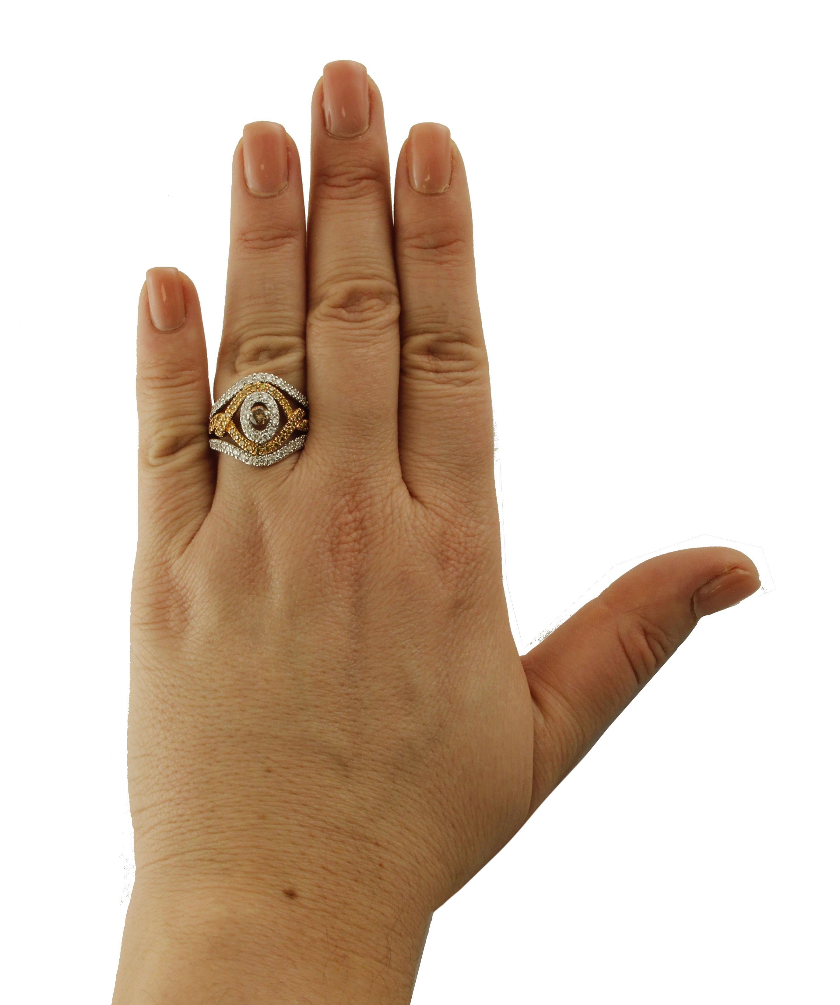 Women's 1.49 Carat White and Brown Fancy Diamonds 18 Karat White and Rose Gold Band Ring For Sale