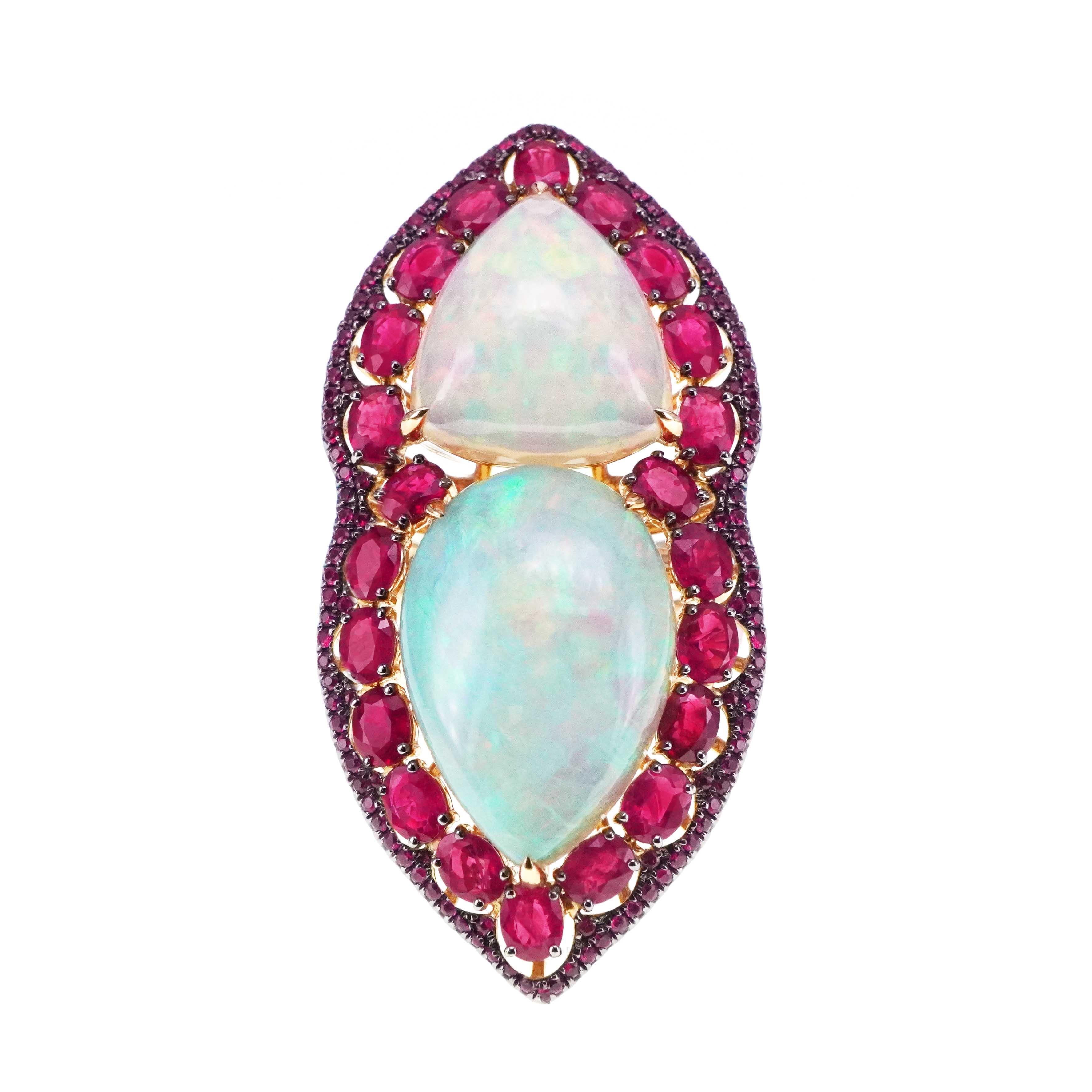 Art Nouveau 14.90 Carat Ethiopian Opal & 5.67 Carat Vivid Red Round Burma Ruby Cocktail Ring For Sale