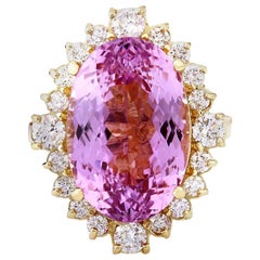 14.90 Carat Natural Kunzite 18 Karat Solid Yellow Gold Diamond Ring