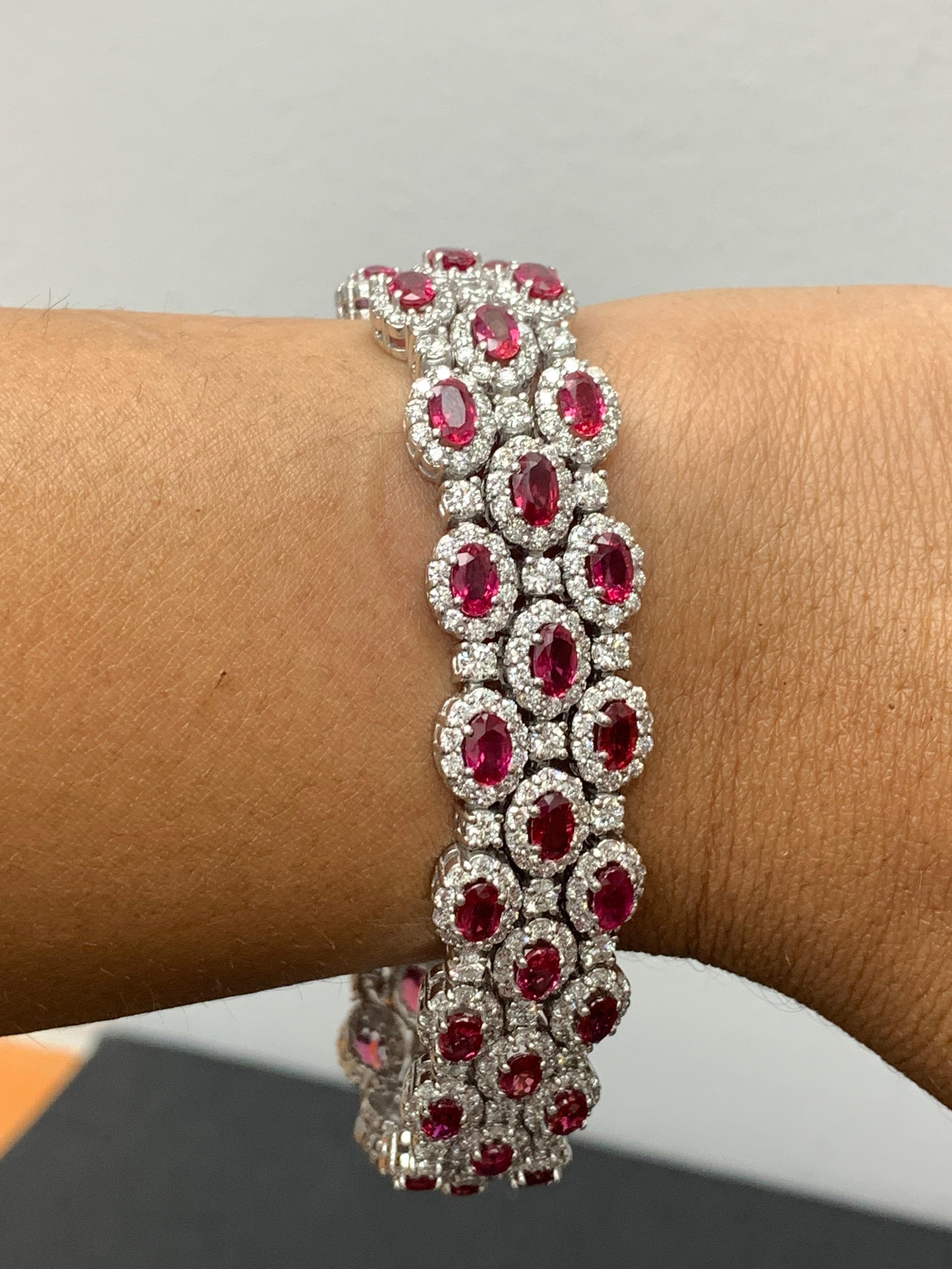 14.91 Carat Oval Cut Ruby and Diamond 3 Row Bracelet in 14K White Gold For Sale 5