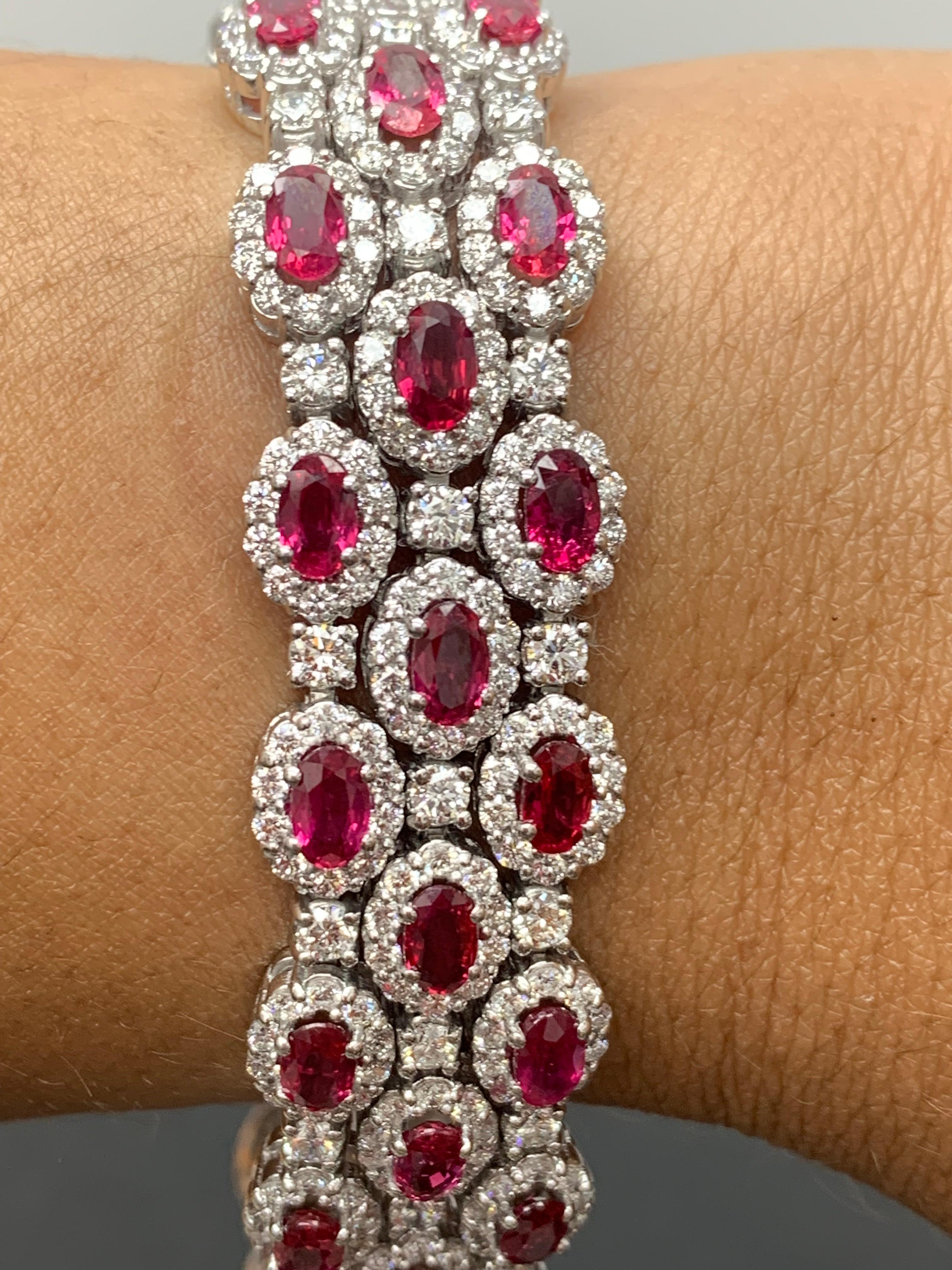 14.91 Carat Oval Cut Ruby and Diamond 3 Row Bracelet in 14K White Gold For Sale 6