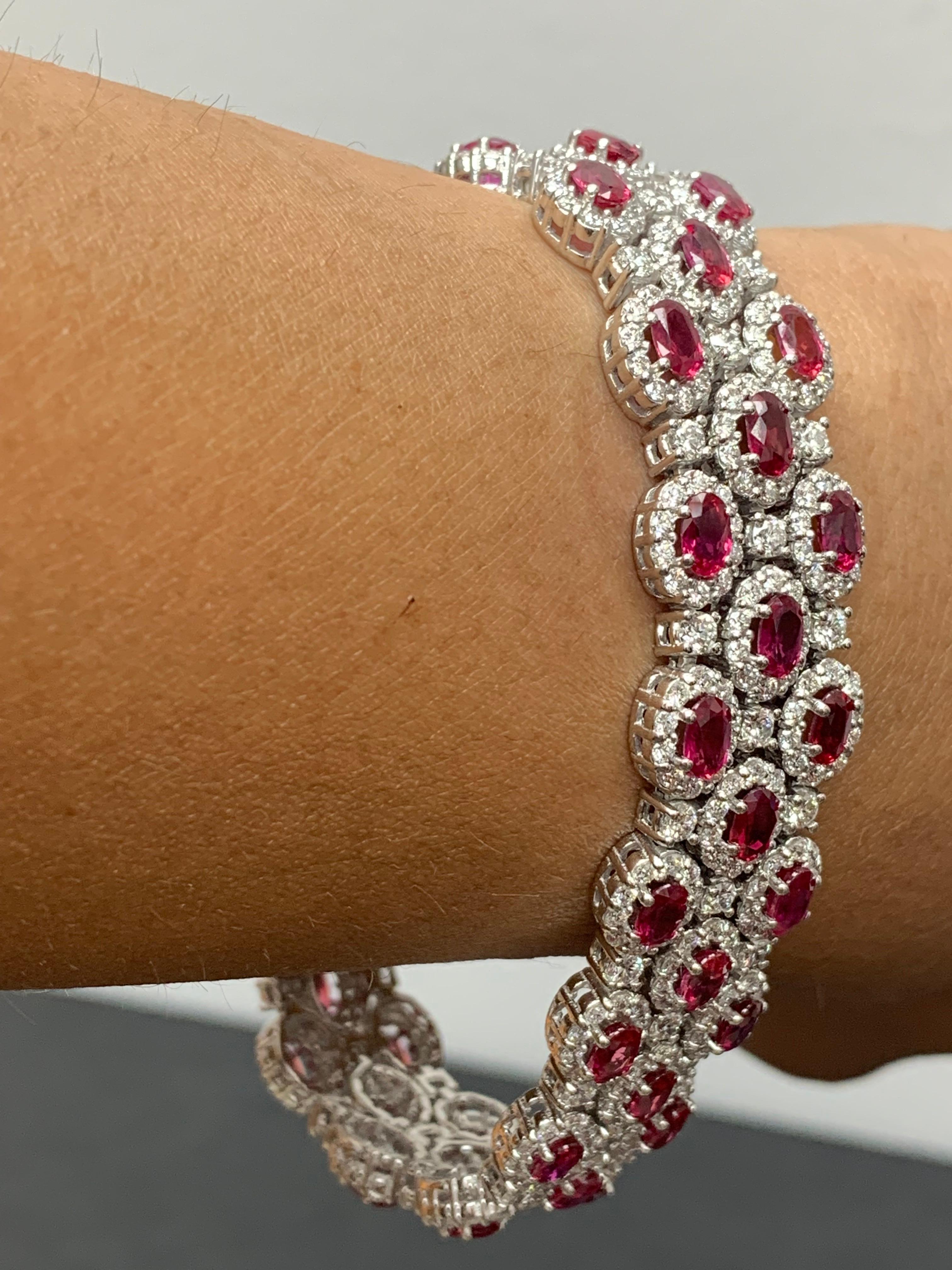 14.91 Carat Oval Cut Ruby and Diamond 3 Row Bracelet in 14K White Gold For Sale 7