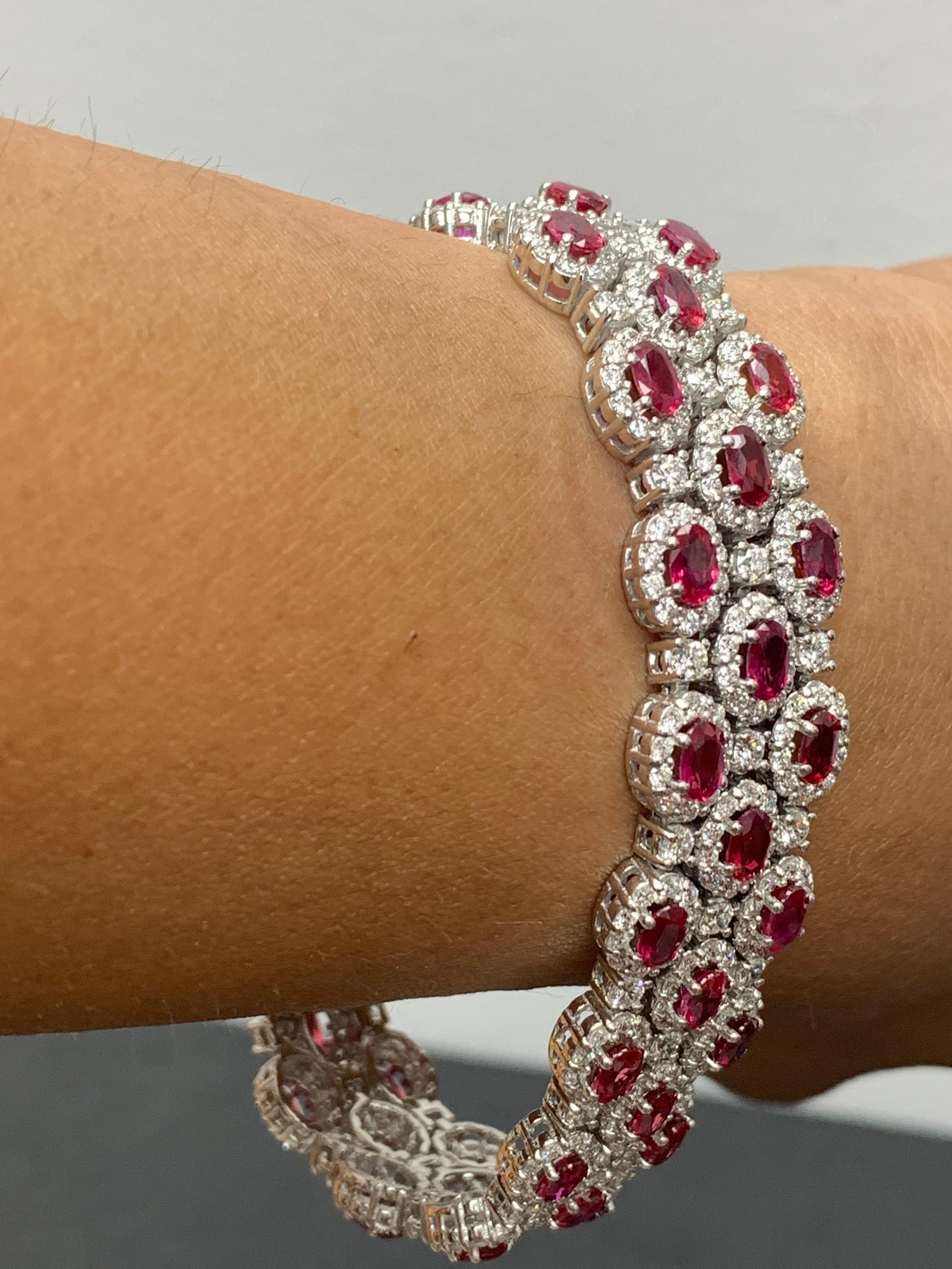14.91 Carat Oval Cut Ruby and Diamond 3 Row Bracelet in 14K White Gold For Sale 8