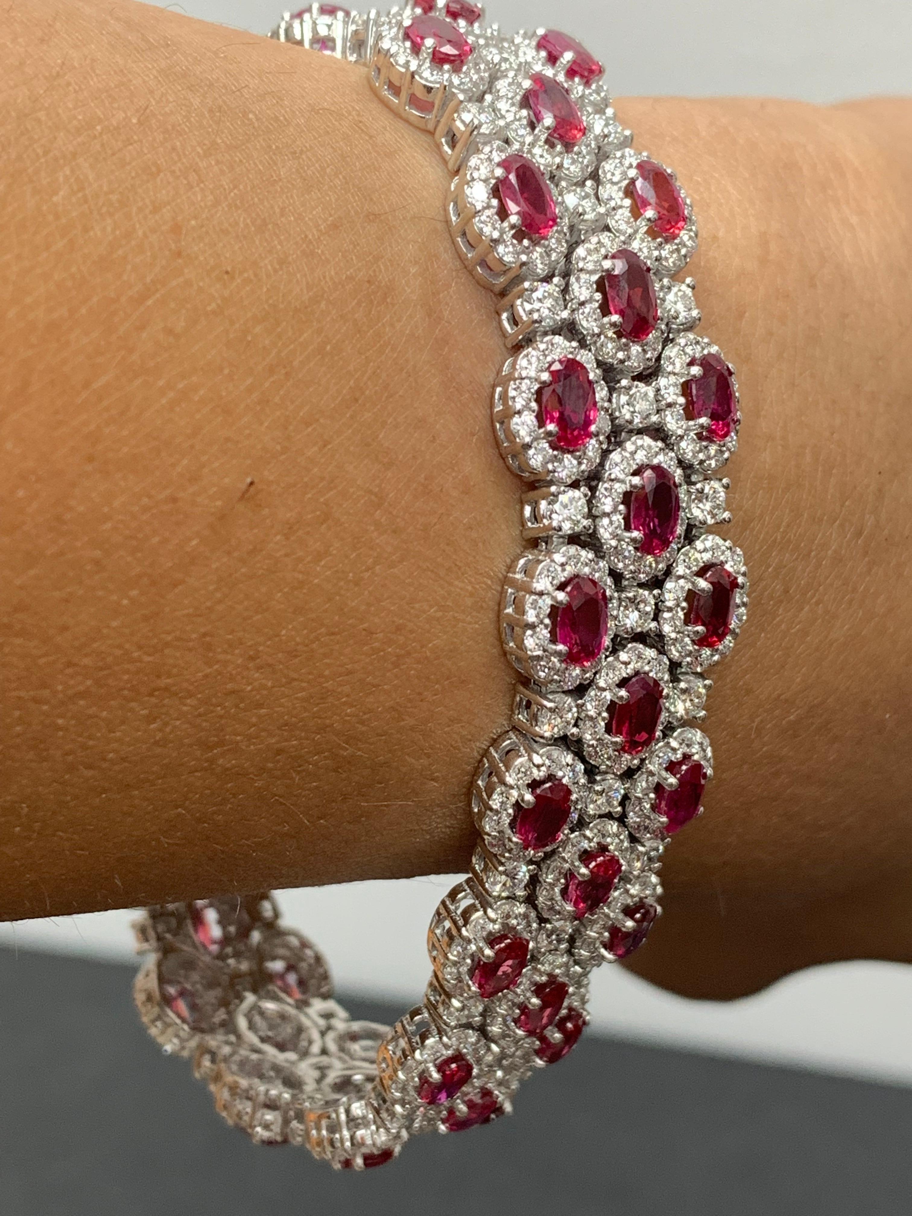 14.91 Carat Oval Cut Ruby and Diamond 3 Row Bracelet in 14K White Gold For Sale 9