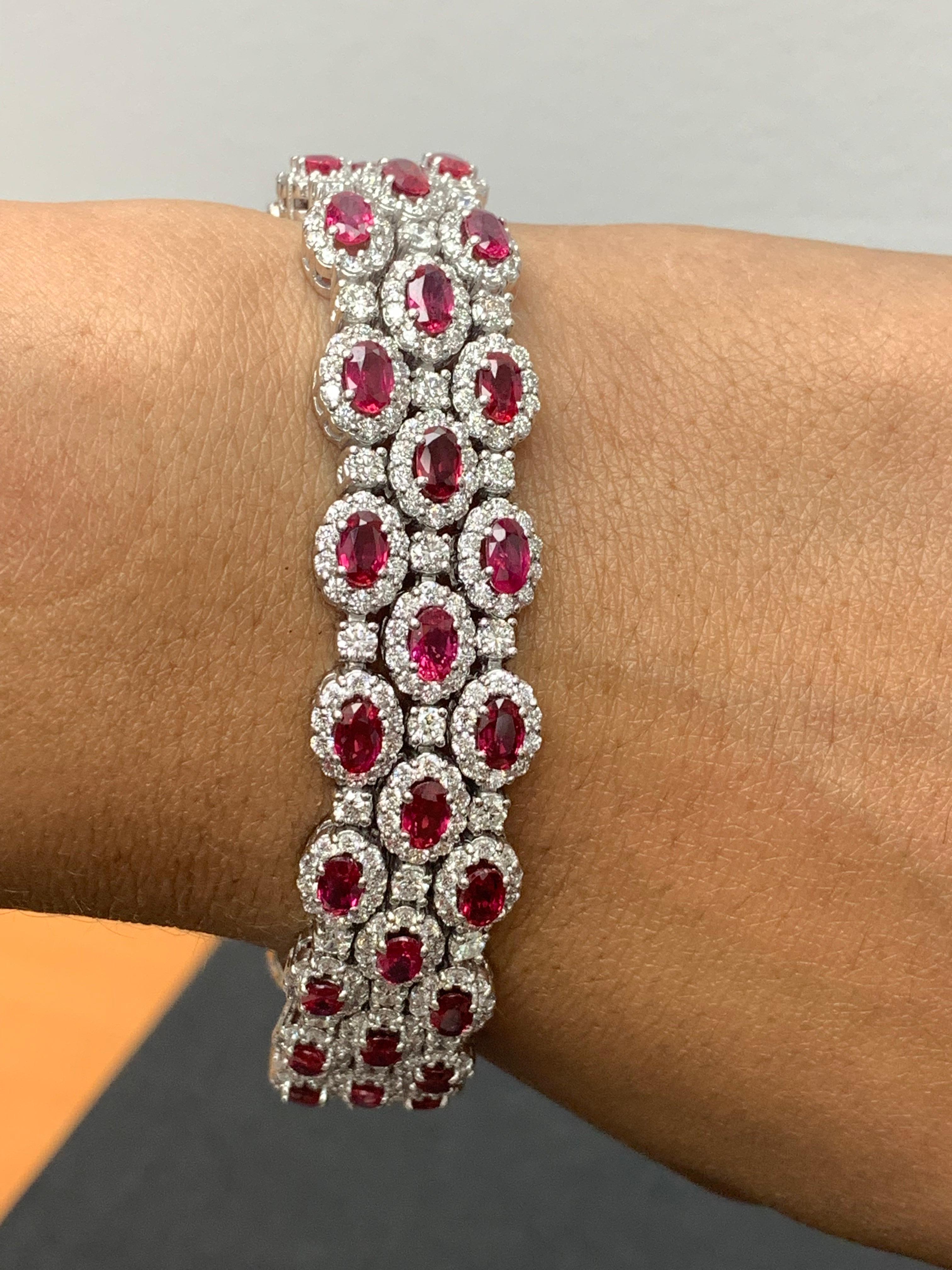 14.91 Carat Oval Cut Ruby and Diamond 3 Row Bracelet in 14K White Gold For Sale 10