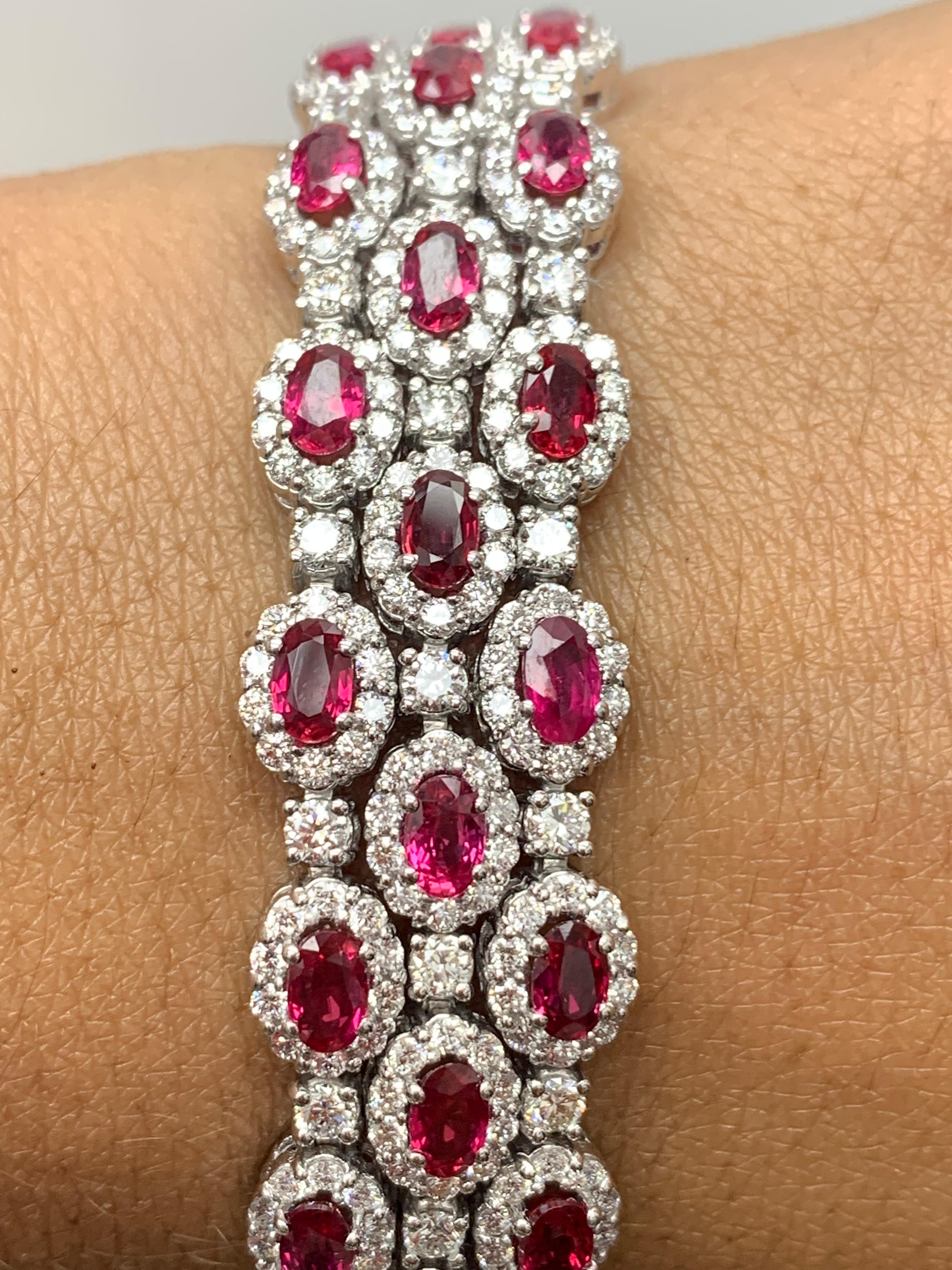 Modern 14.91 Carat Oval Cut Ruby and Diamond 3 Row Bracelet in 14K White Gold For Sale