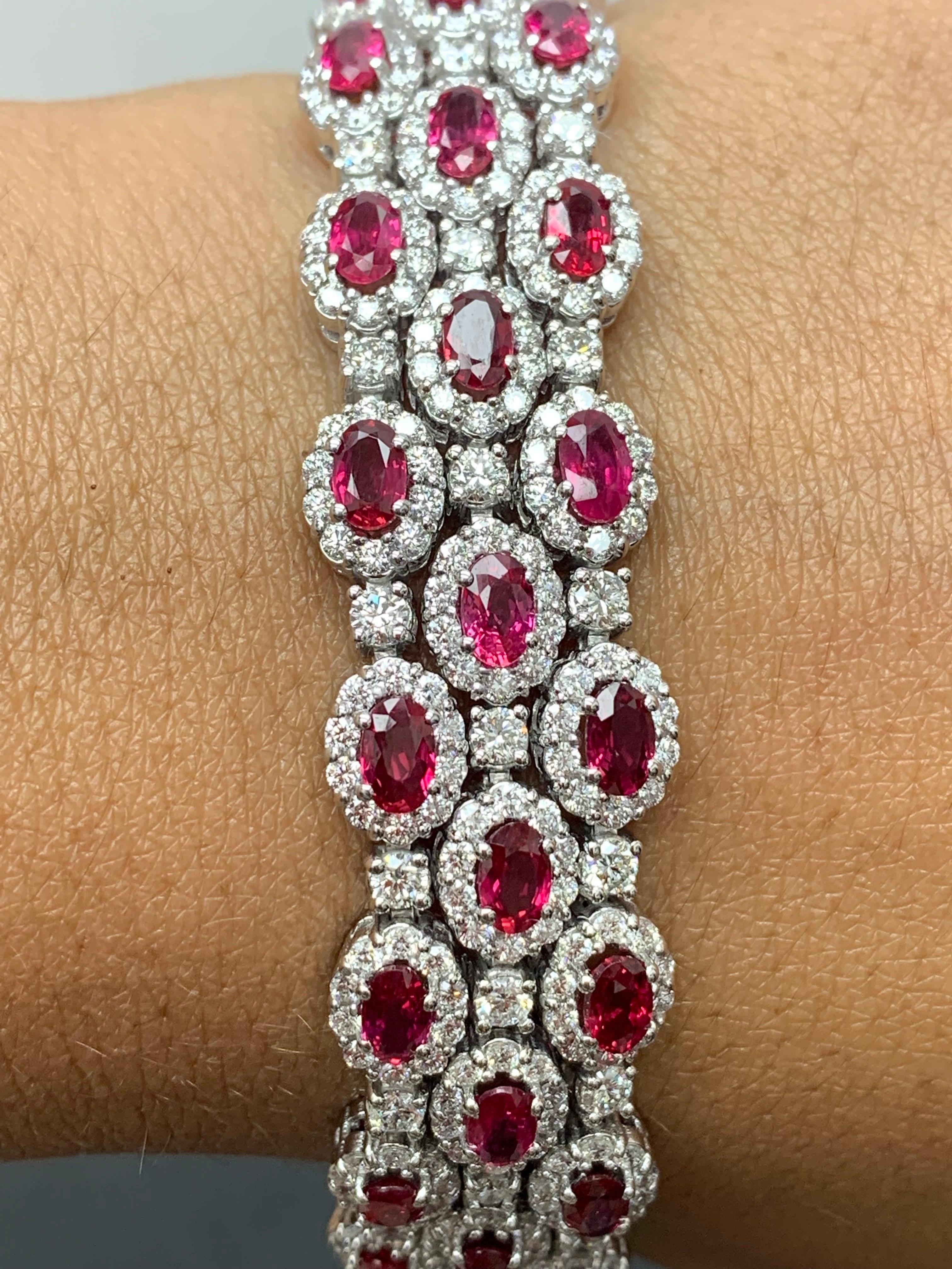 14.91 Carat Oval Cut Ruby and Diamond 3 Row Bracelet in 14K White Gold In New Condition For Sale In NEW YORK, NY