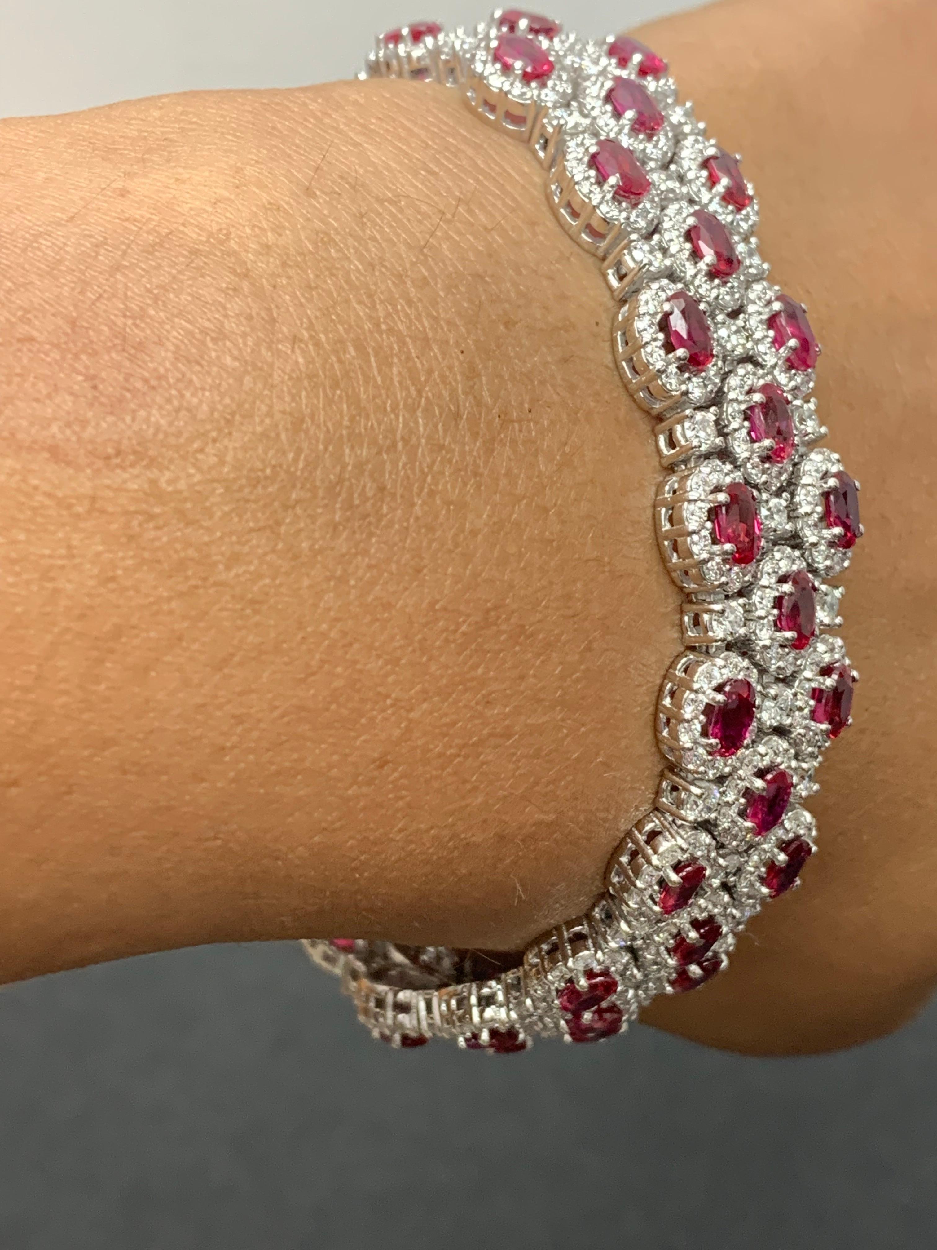 Women's 14.91 Carat Oval Cut Ruby and Diamond 3 Row Bracelet in 14K White Gold For Sale