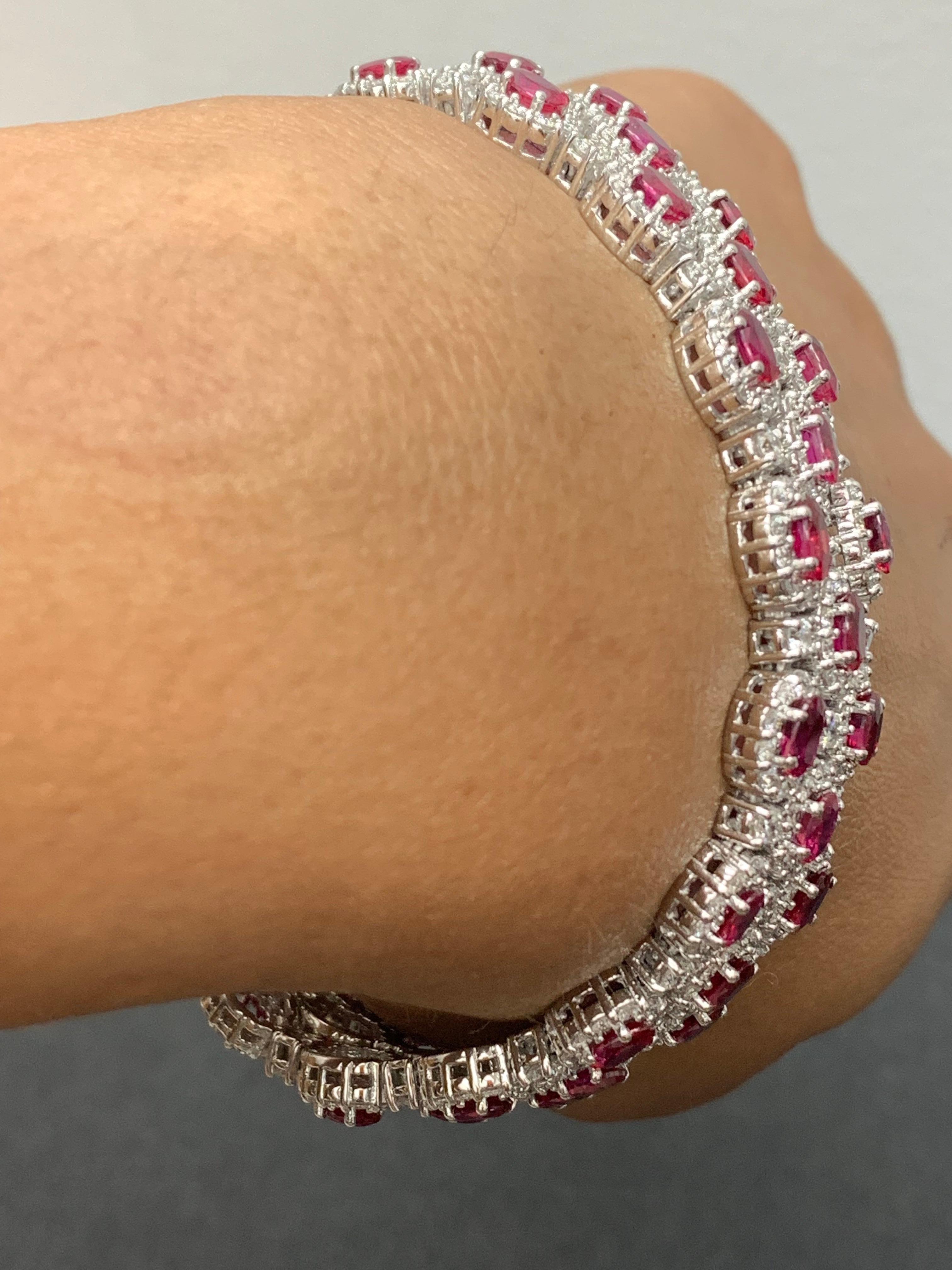 14.91 Carat Oval Cut Ruby and Diamond 3 Row Bracelet in 14K White Gold For Sale 1