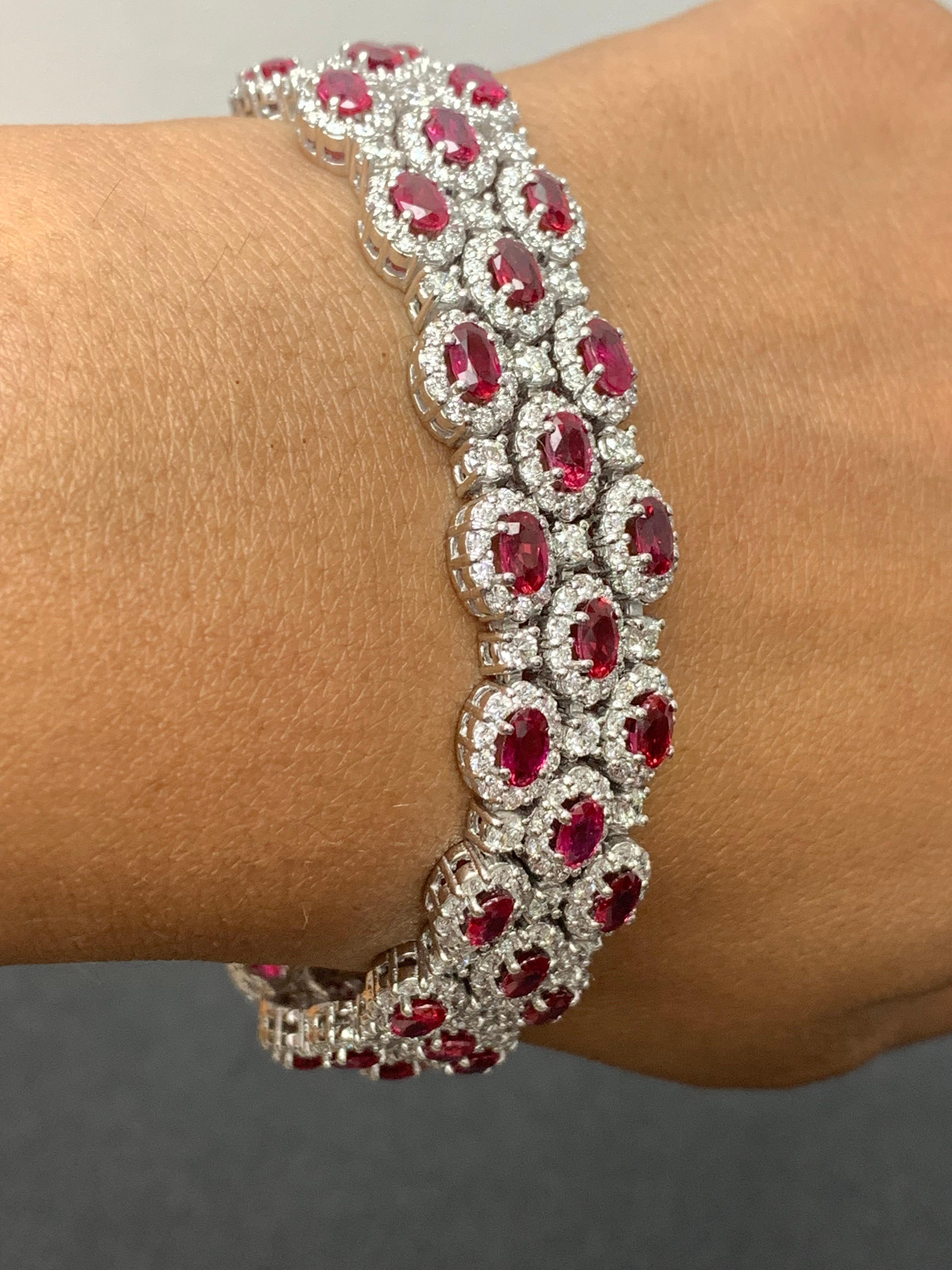 14.91 Carat Oval Cut Ruby and Diamond 3 Row Bracelet in 14K White Gold For Sale 2