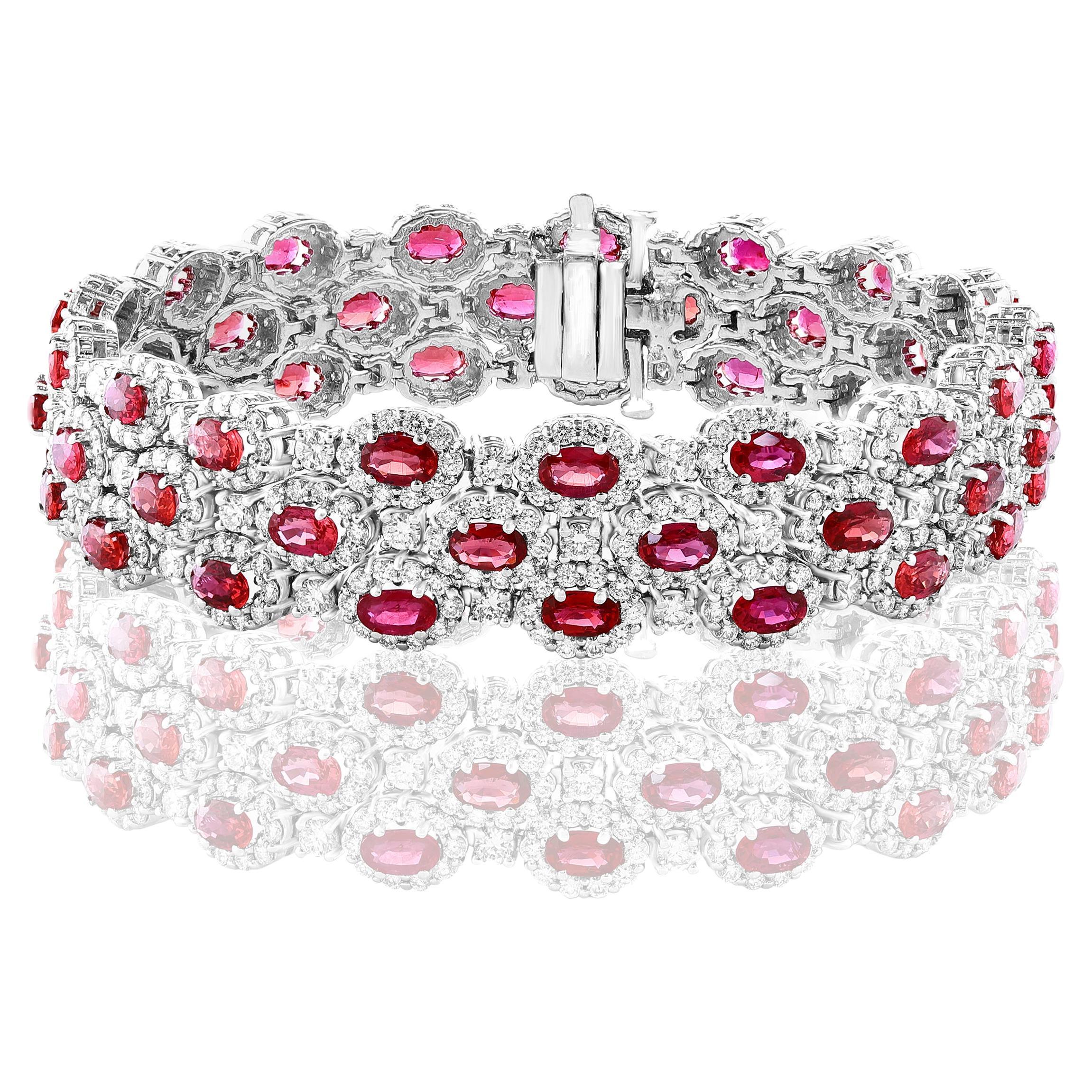 14.91 Carat Oval Cut Ruby and Diamond 3 Row Bracelet in 14K White Gold For Sale