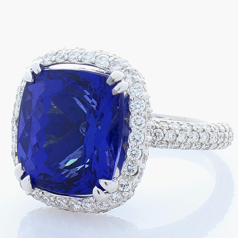 Contemporary 14.93 Carat Cushion Cut Tanzanite And Diamond Cocktail Ring In 18 K White Gold