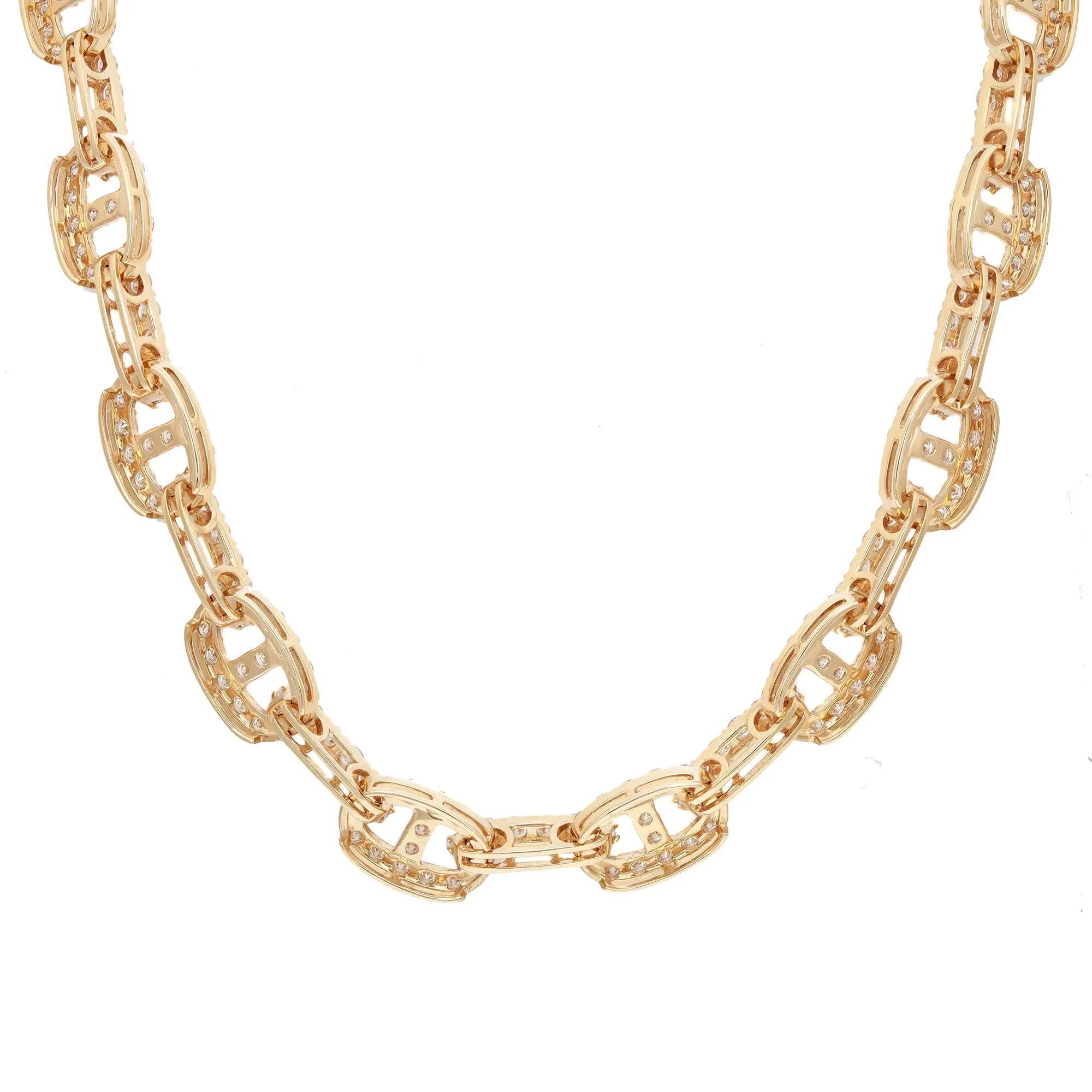 Modern 14.95 Carat Diamond Mariner Link Chain Necklace 18K Yellow Gold For Sale