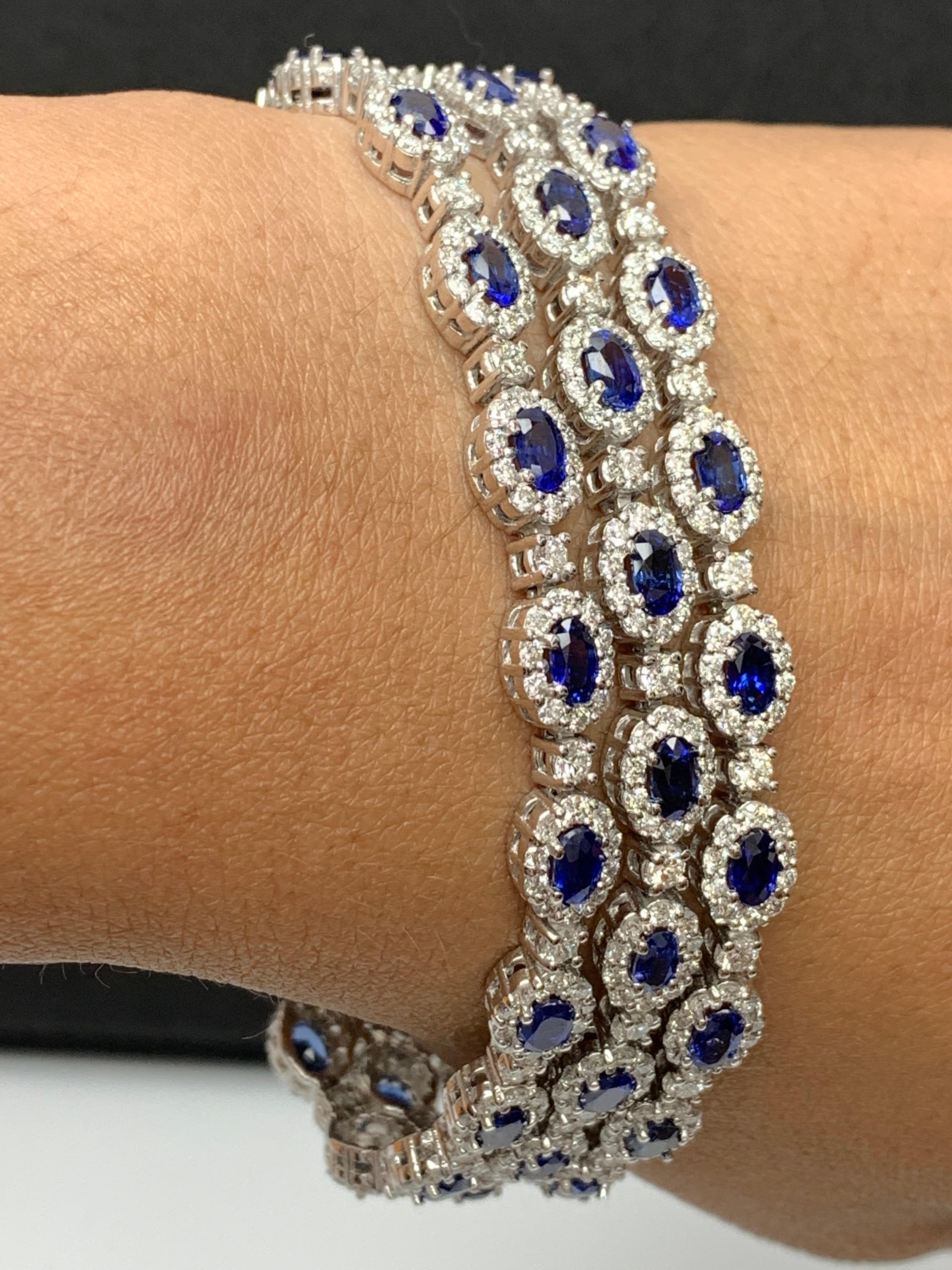 Modern 14.95 Carat Oval Cut Blue Sapphires and Diamond 3 Row Bracelet in 14K White Gold For Sale