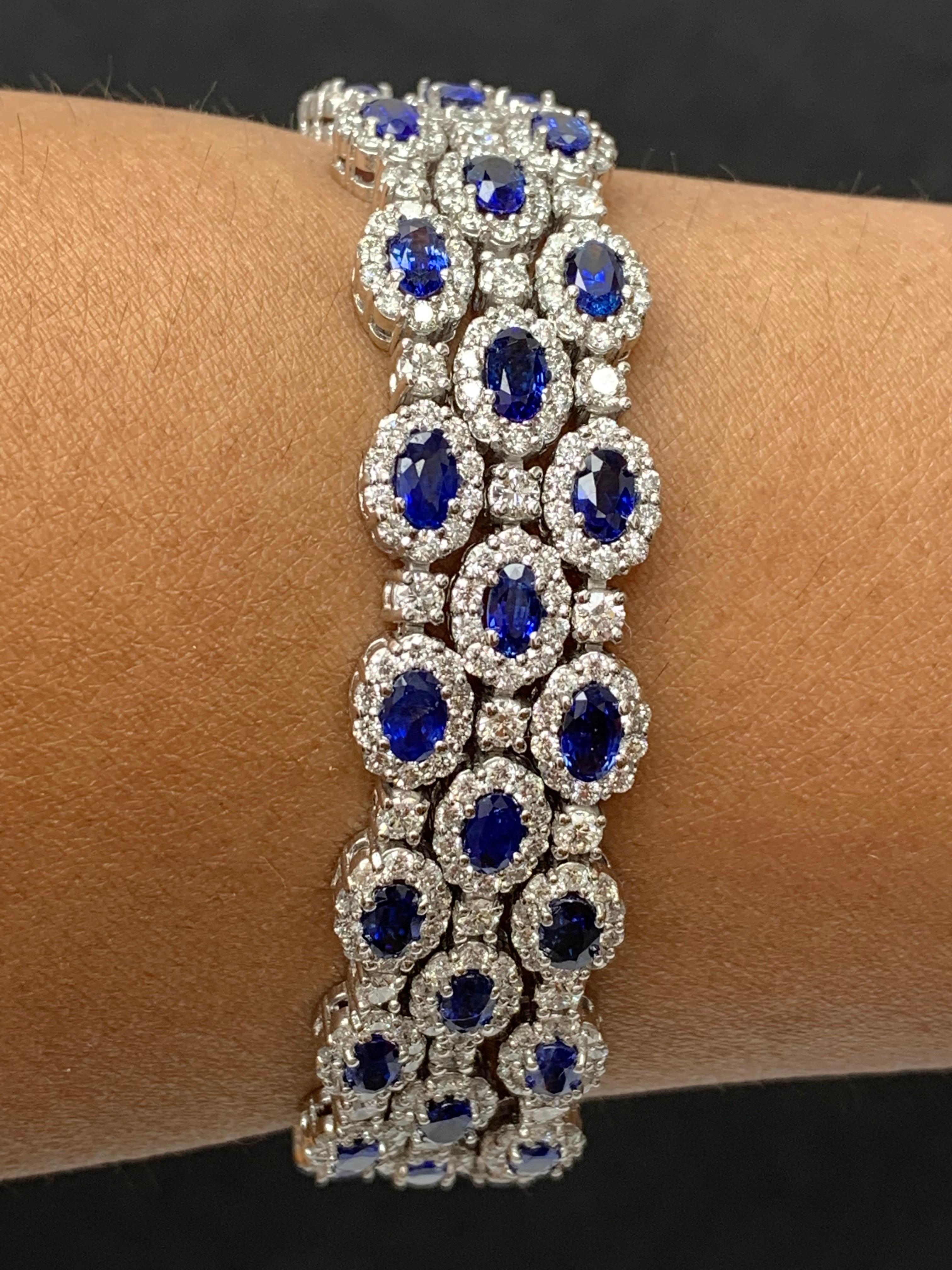 14.95 Carat Oval Cut Blue Sapphires and Diamond 3 Row Bracelet in 14K White Gold In New Condition For Sale In NEW YORK, NY