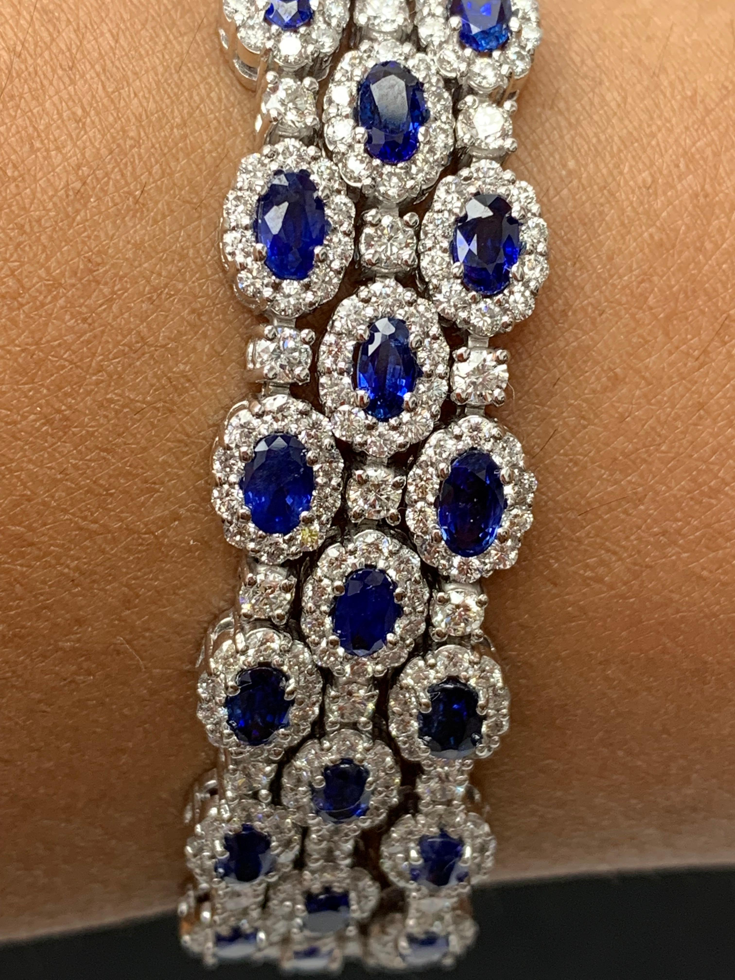 Women's 14.95 Carat Oval Cut Blue Sapphires and Diamond 3 Row Bracelet in 14K White Gold For Sale
