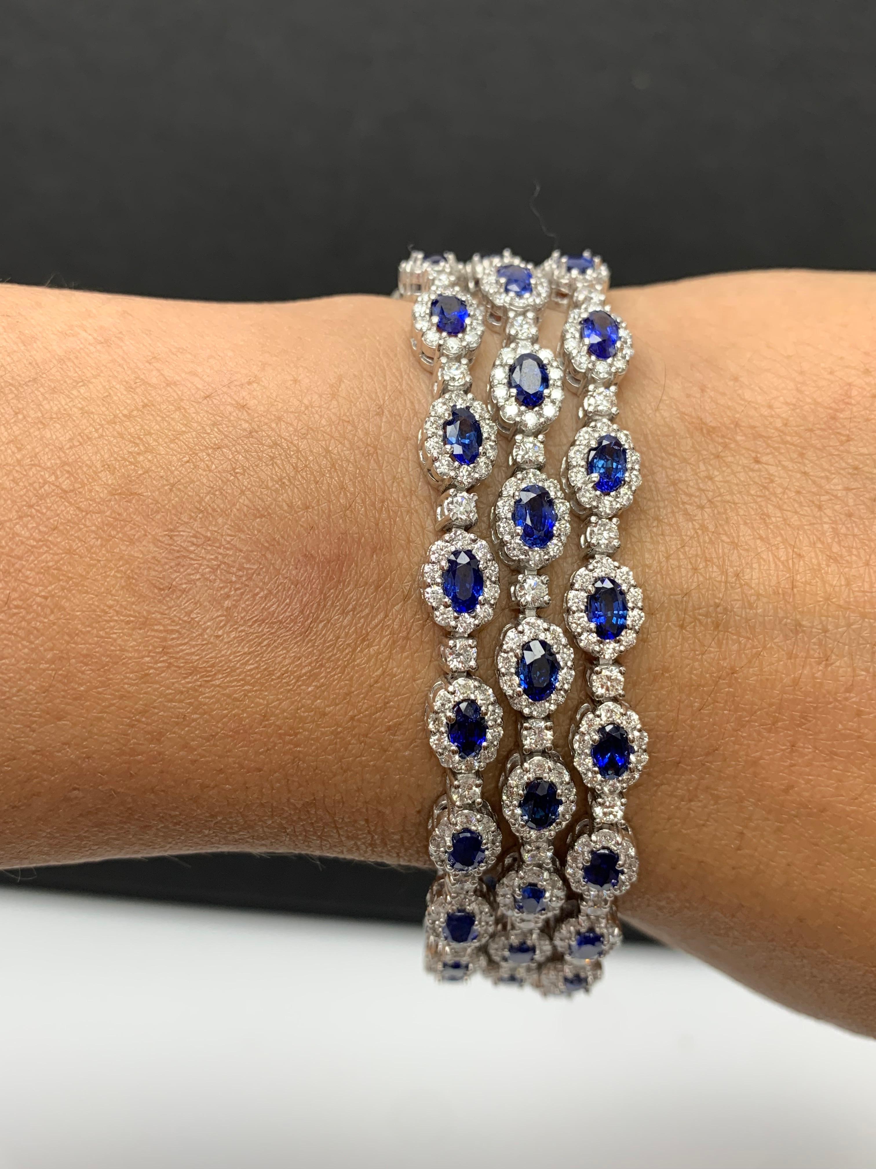 14.95 Carat Oval Cut Blue Sapphires and Diamond 3 Row Bracelet in 14K White Gold For Sale 3