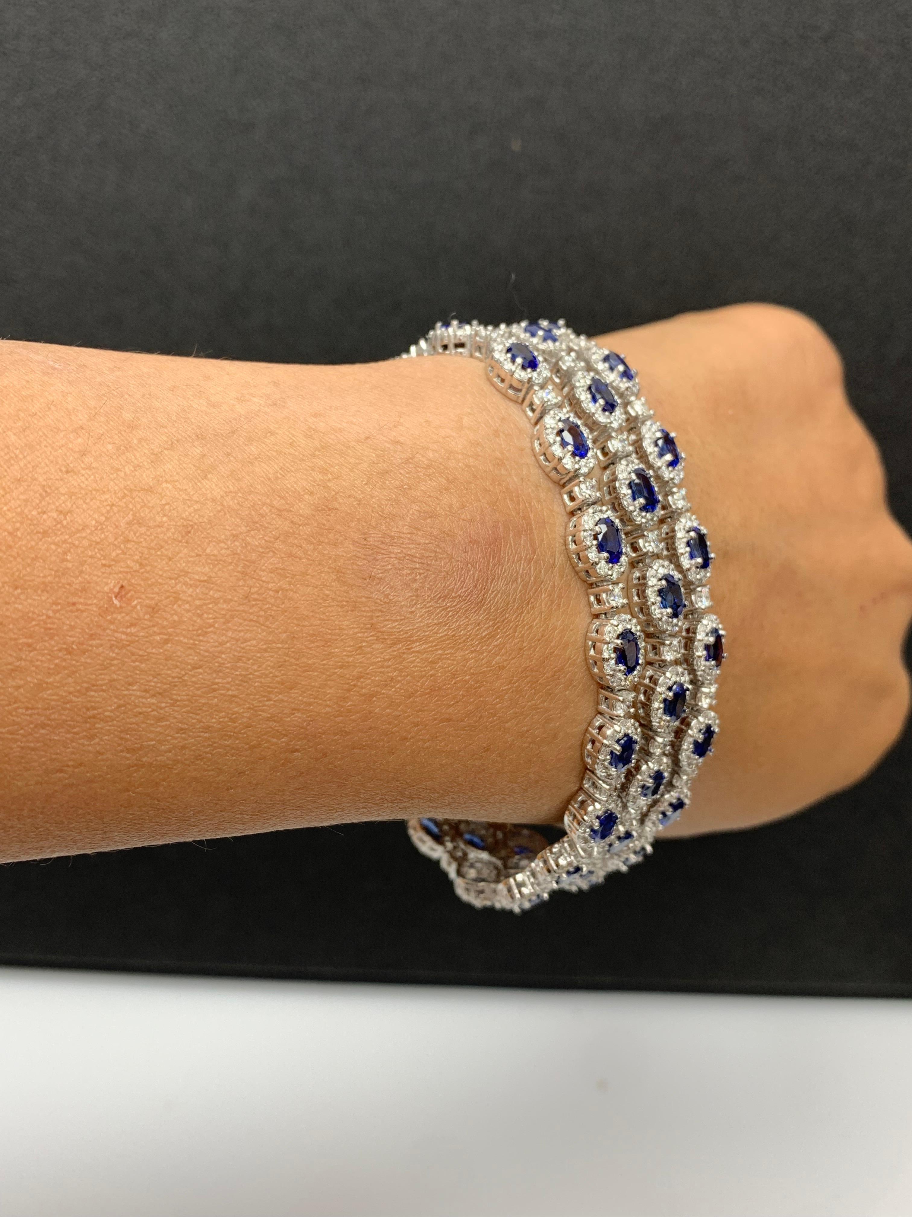 14.95 Carat Oval Cut Blue Sapphires and Diamond 3 Row Bracelet in 14K White Gold For Sale 4