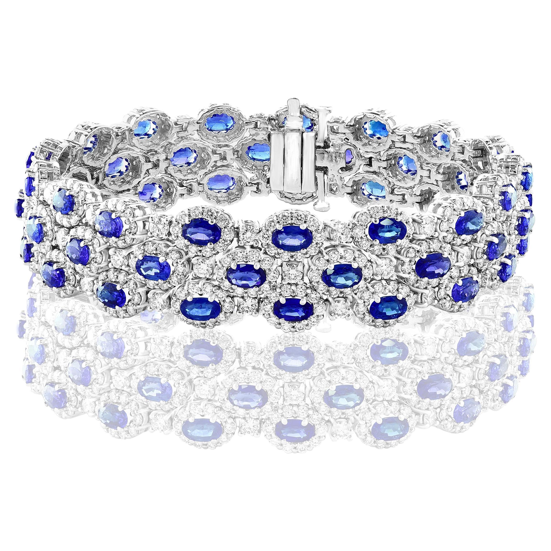 14.95 Carat Oval Cut Blue Sapphires and Diamond 3 Row Bracelet in 14K White Gold For Sale