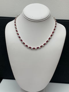 14.95 Carat Oval Cut Ruby and Diamond Tennis Necklace in 18K White Gold