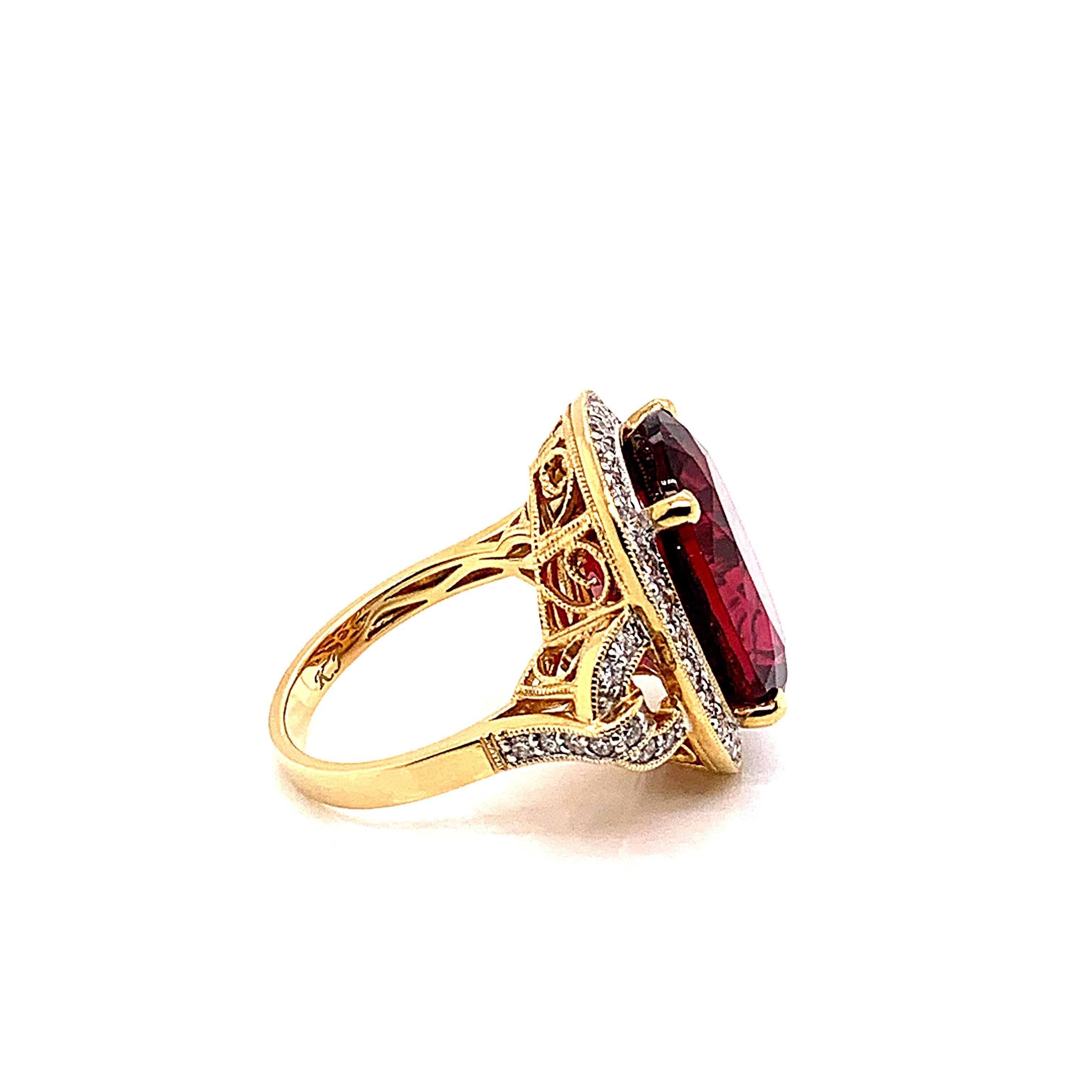 Contemporary Sunita Nahata  Oval Rubellite 14.95ct. Fancy Ring in 18KYG with Diamond. For Sale
