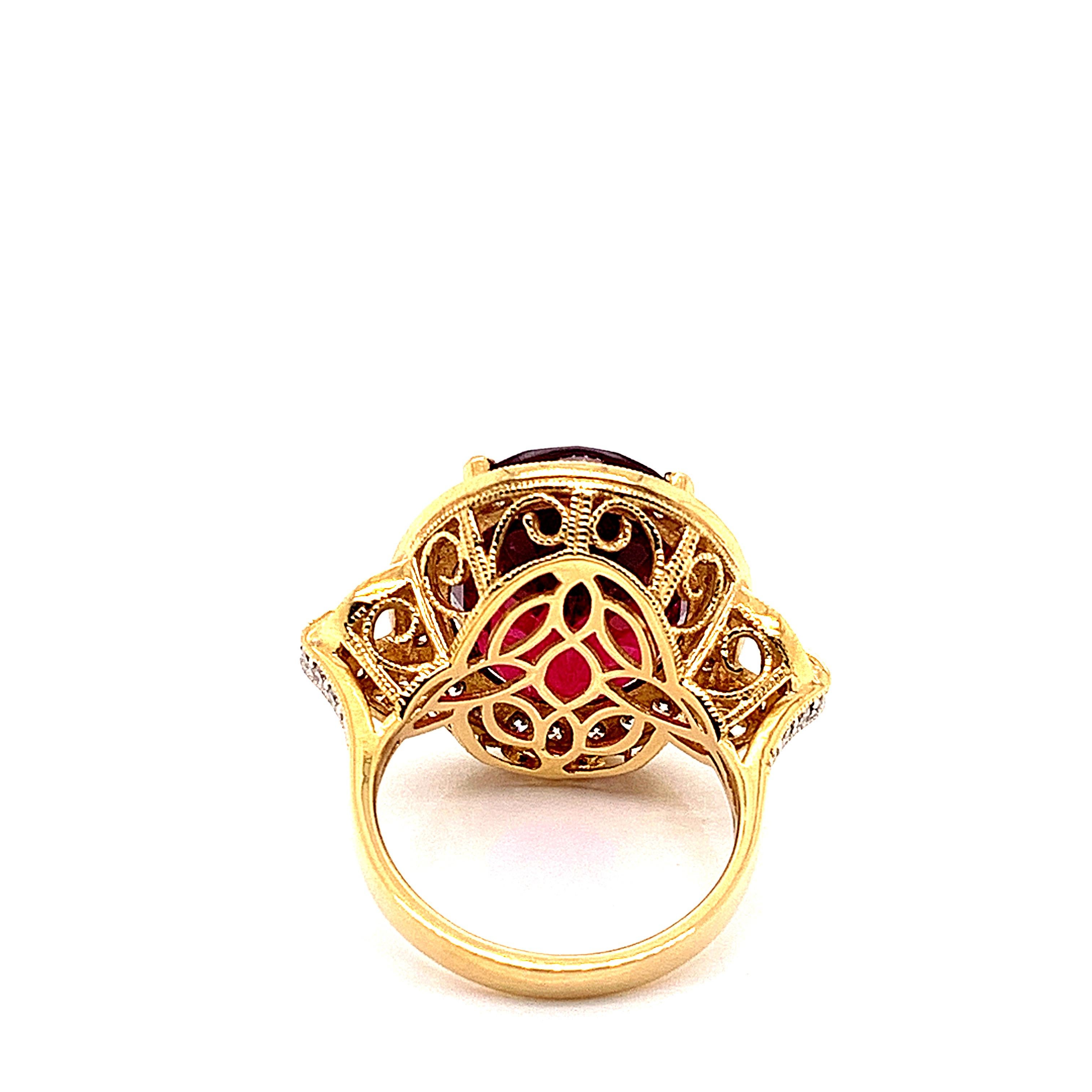 Oval Cut Sunita Nahata  Oval Rubellite 14.95ct. Fancy Ring in 18KYG with Diamond. For Sale