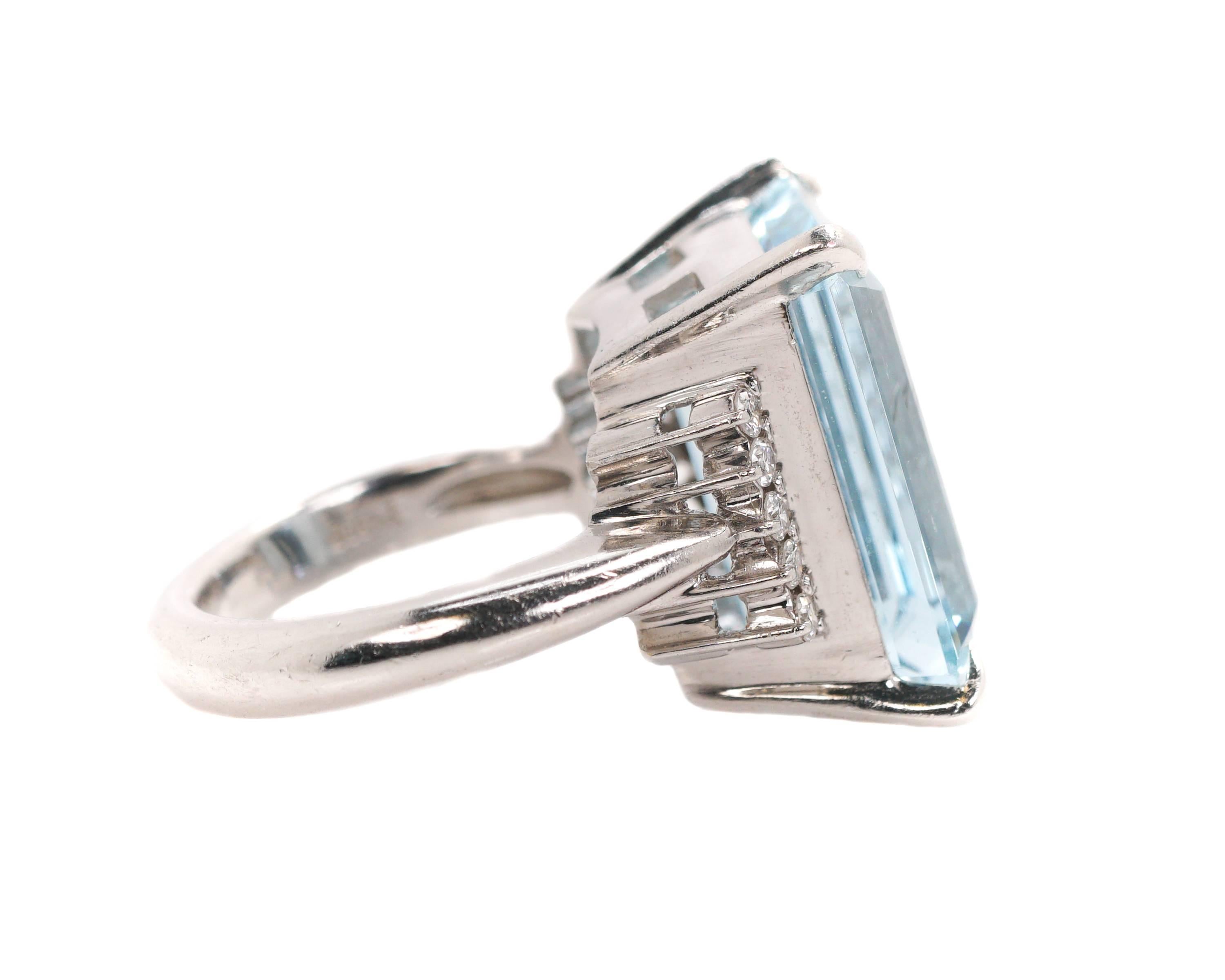 Emerald Cut 14.96 Carat Aquamarine and Diamond Platinum Ring