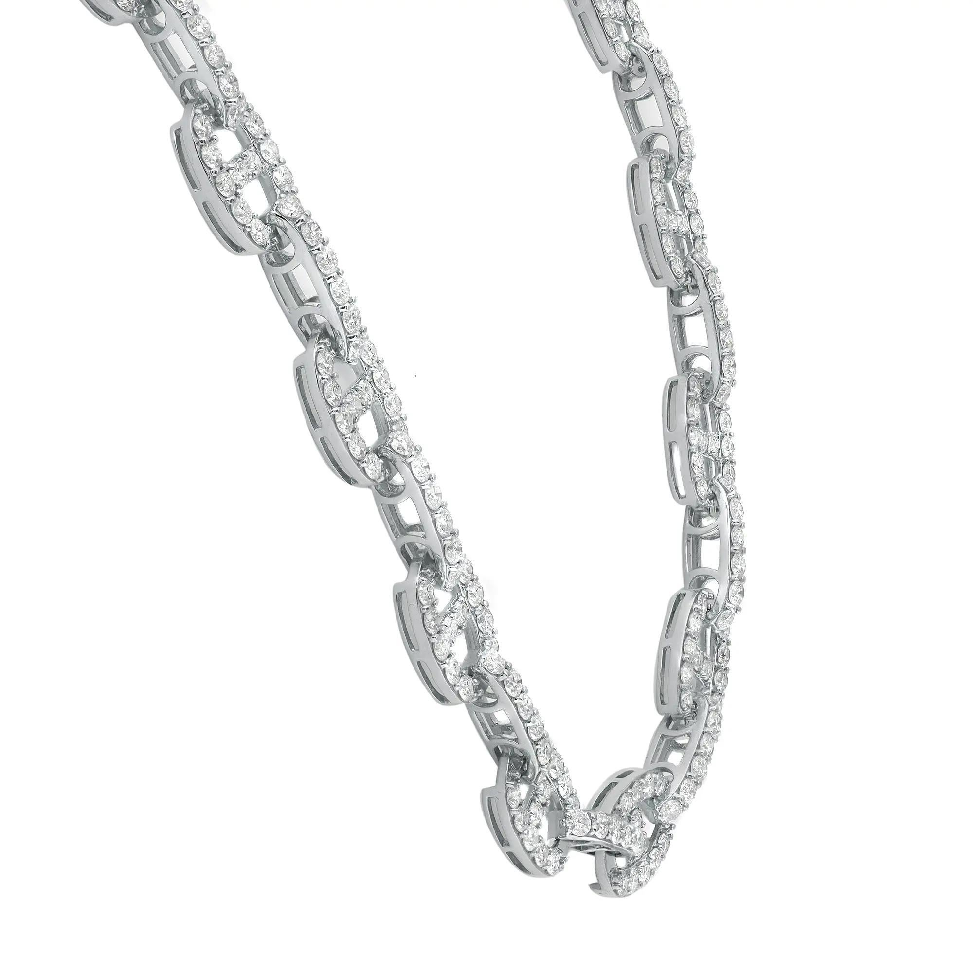 Modern 14.96 Carat Diamond Mariner Link Chain Necklace 18K White Gold For Sale
