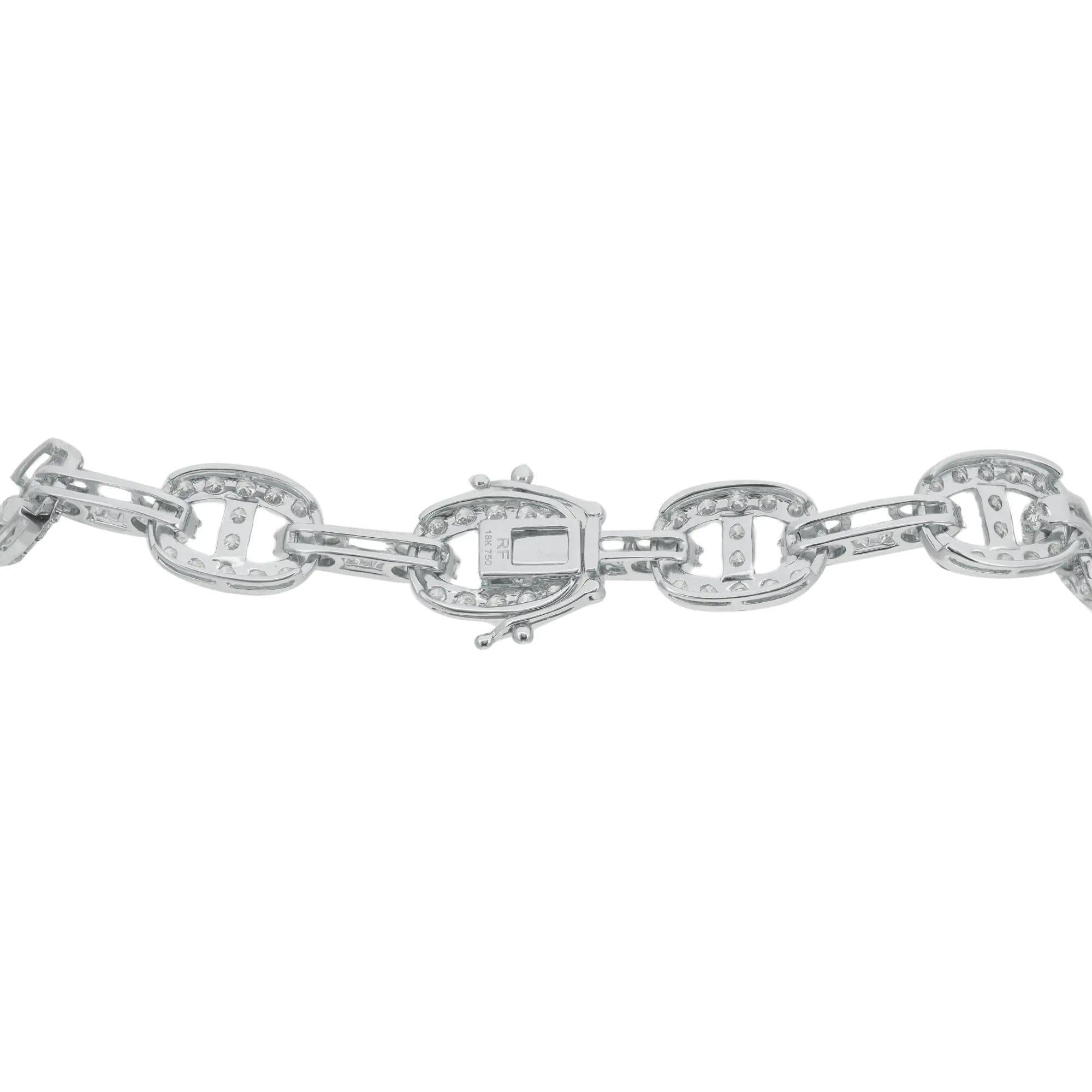 Round Cut 14.96 Carat Diamond Mariner Link Chain Necklace 18K White Gold For Sale