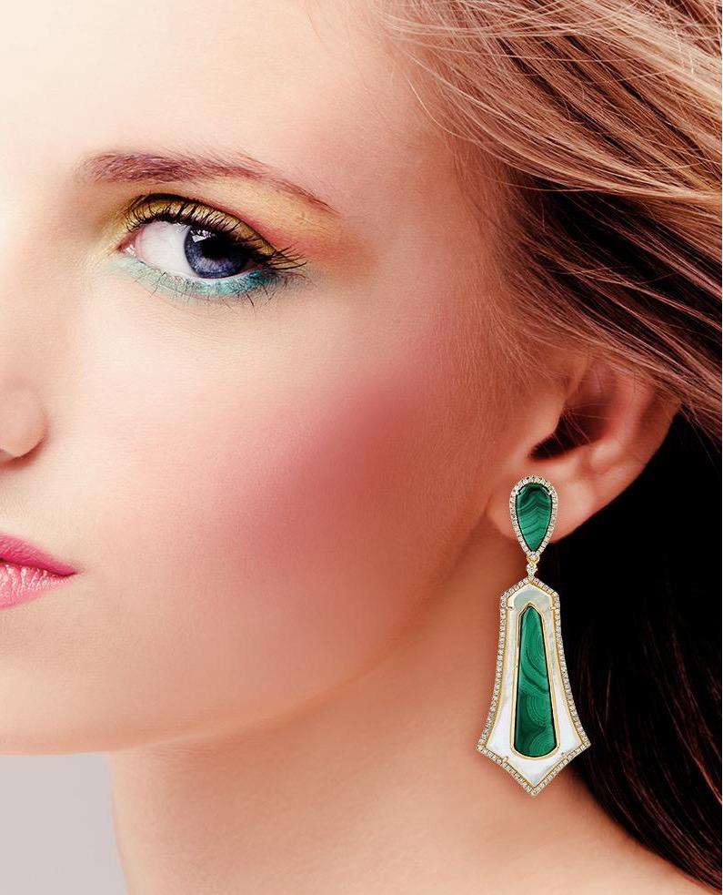 Handcrafted from 18-karat gold, these exquisite earrings are set with 14.96 carats of Malachite, 11.64 carats mother of pearl and 1.66 carats of glimmering diamonds. 

FOLLOW  MEGHNA JEWELS storefront to view the latest collection & exclusive