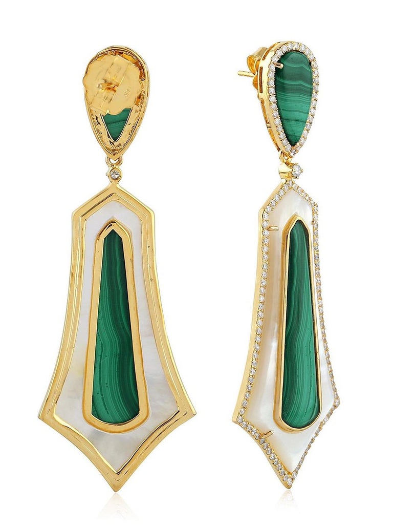 14.96 Carat Malachite Mother of Pearl Diamond 18 Karat Gold Earrings ...