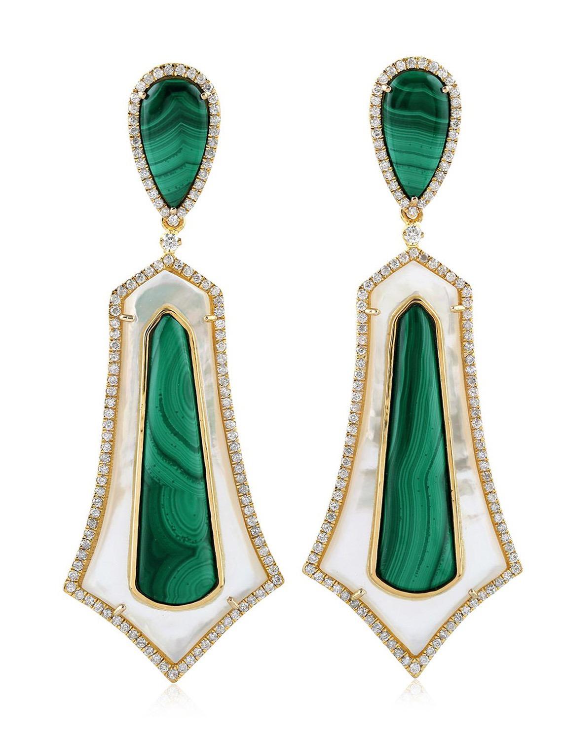 Modern 14.96 Carat Malachite Mother of Pearl Diamond 18 Karat Gold Earrings For Sale