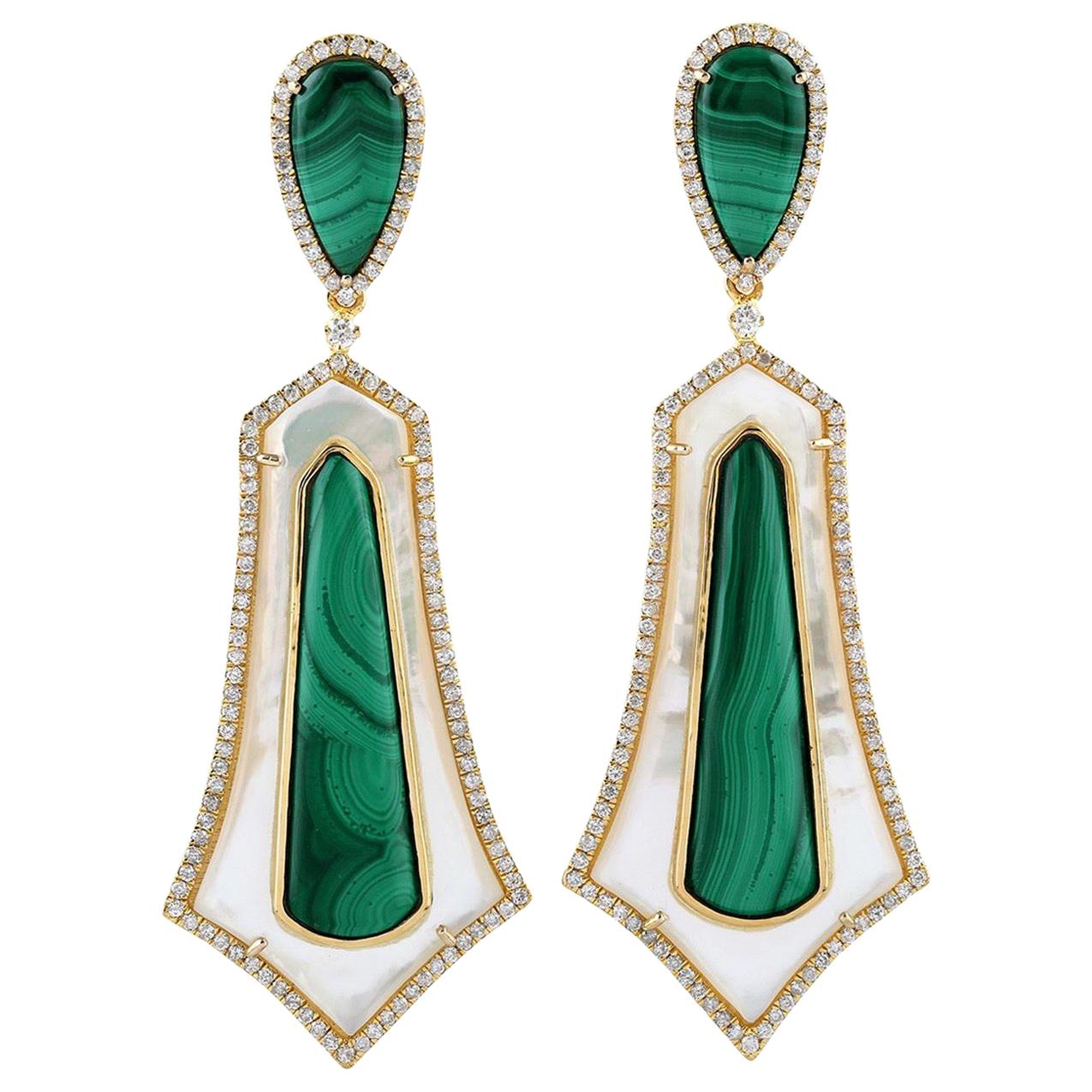 14.96 Carat Malachite Mother of Pearl Diamond 18 Karat Gold Earrings For Sale