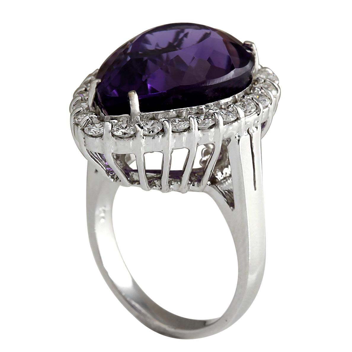 Pear Cut Natural Amethyst 14 Karat White Gold Diamond Ring For Sale