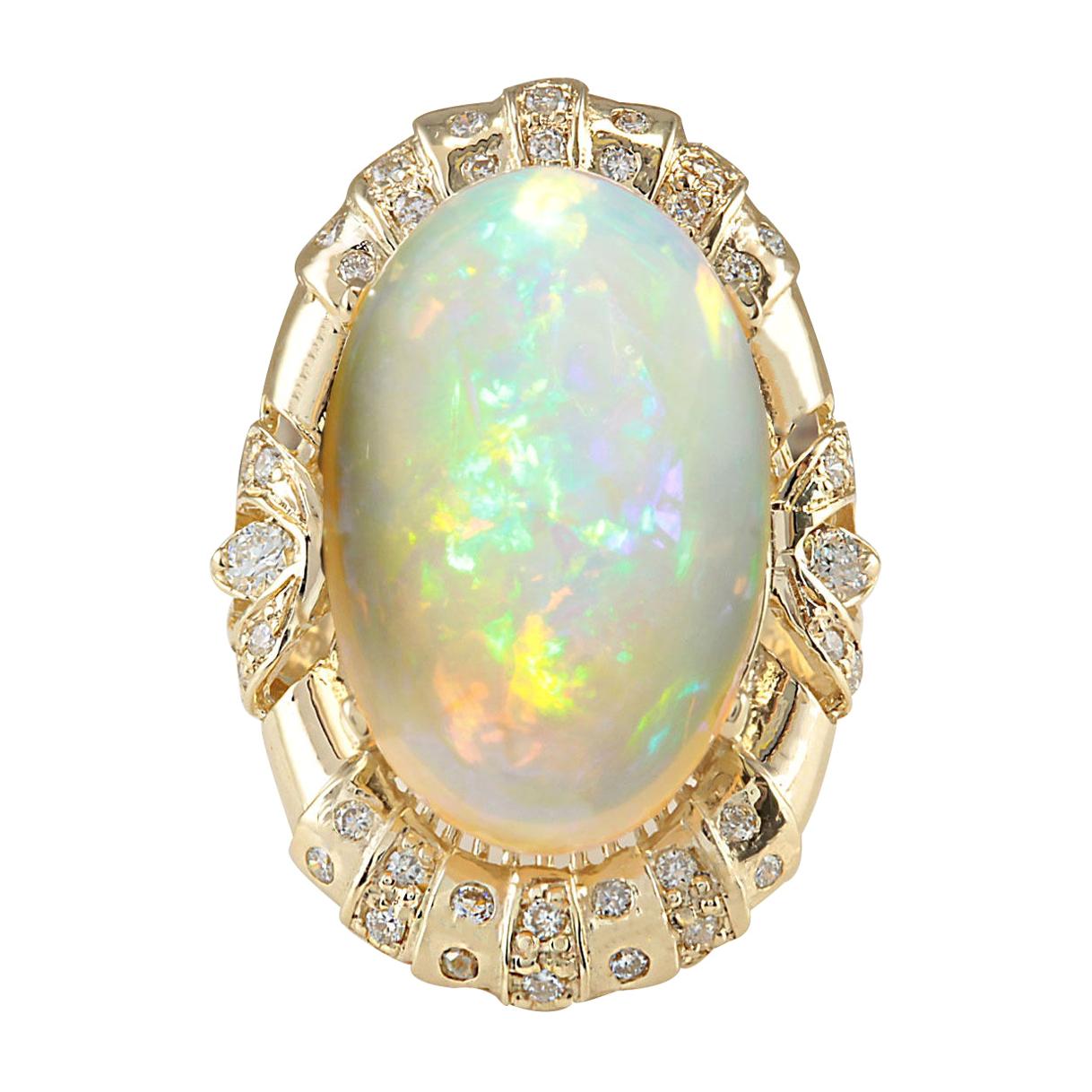 14.98 Carat Natural Opal 14 Karat Yellow Gold Diamond Ring For Sale