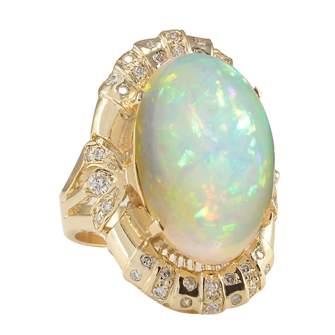 Stamped: 14K Yellow Gold
Total Ring Weight: 10.9 Grams
Total Natural Opal Weight is 14.48 Carat (Measures: 20.00x14.00 mm)
Color: Multicolor
Total Natural Diamond Weight is 0.50 Carat
Color: F-G, Clarity: VS2-SI1
Face Measures: 28.80x20.40 mm
Sku: