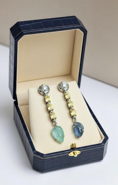 14.98 Carats Yellow, Blue Sapphire, Emerald and Diamond Drop 18k Earrings