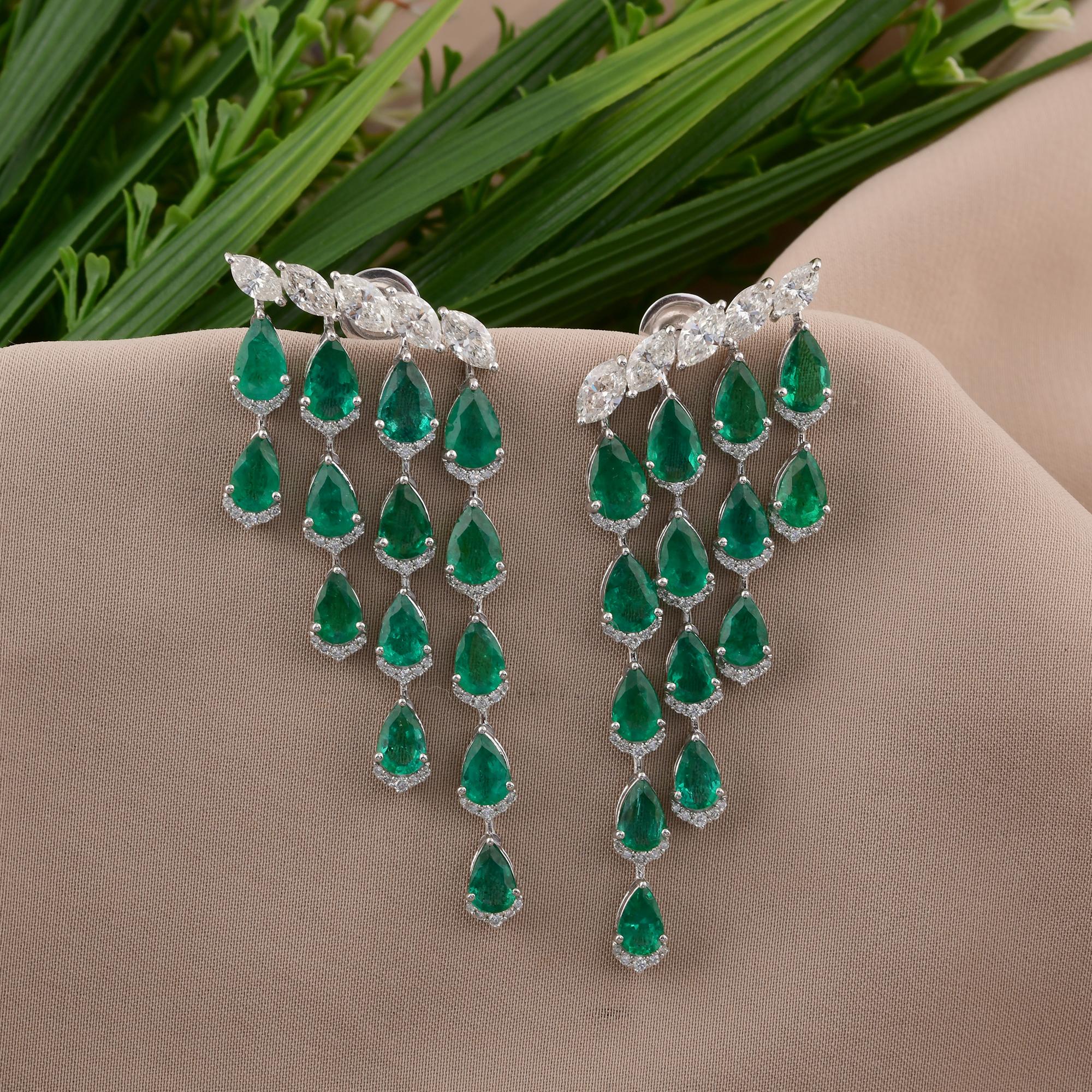 Modern 14.98 TCW Zambian Emerald H/SI Marquise Diamond Dangle Earrings 14K White Gold For Sale