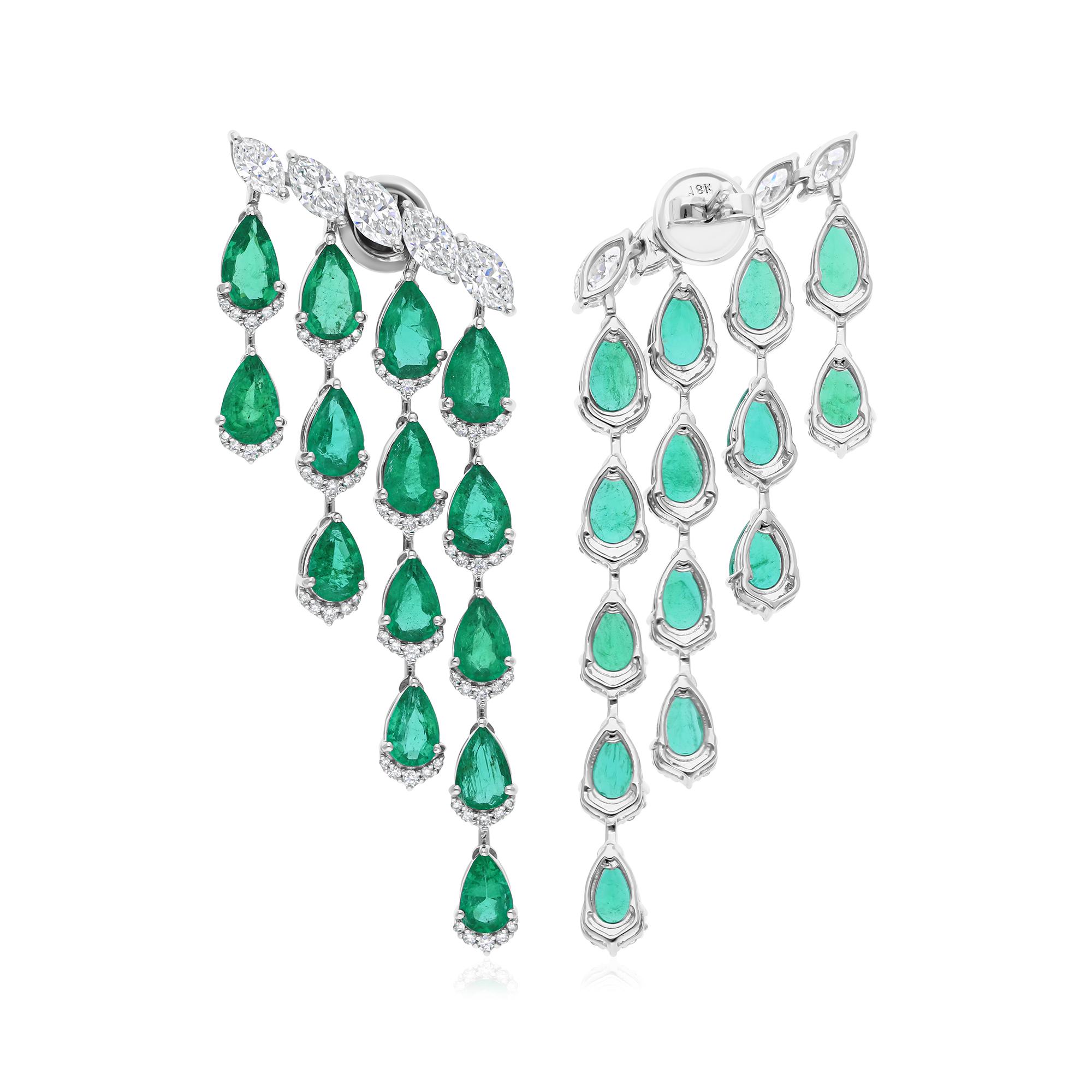 Round Cut 14.98 TCW Zambian Emerald H/SI Marquise Diamond Dangle Earrings 14K White Gold For Sale